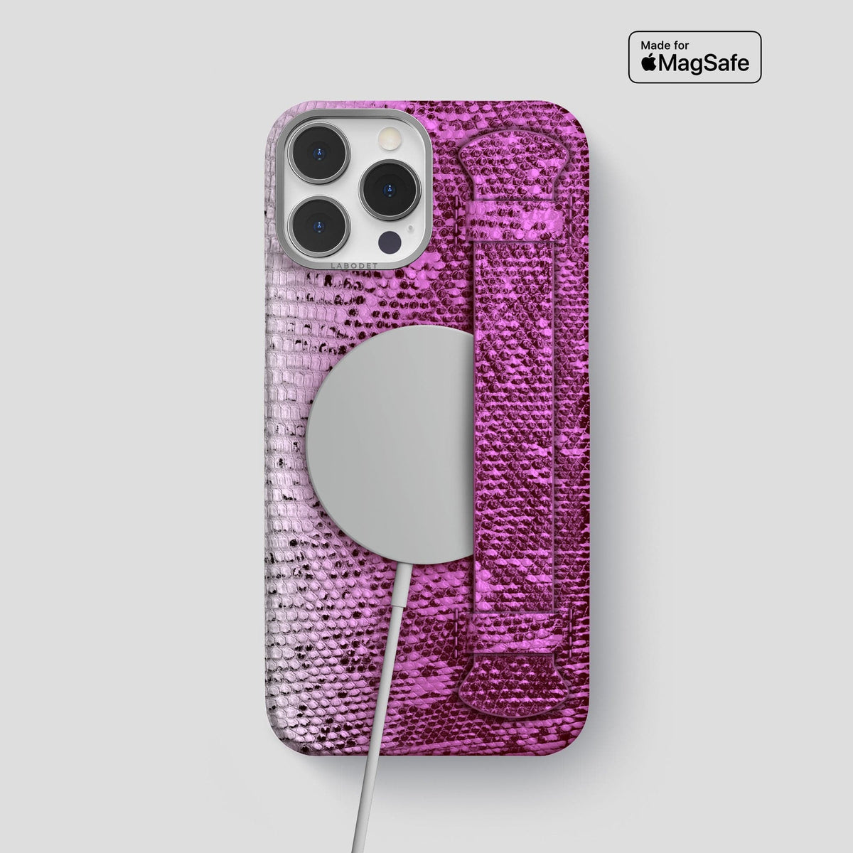 Fuchsia iPhone 14 Pro Max Himalayan Lizard Strap Case with Steel Metal -5 | Fuchsia-Steel