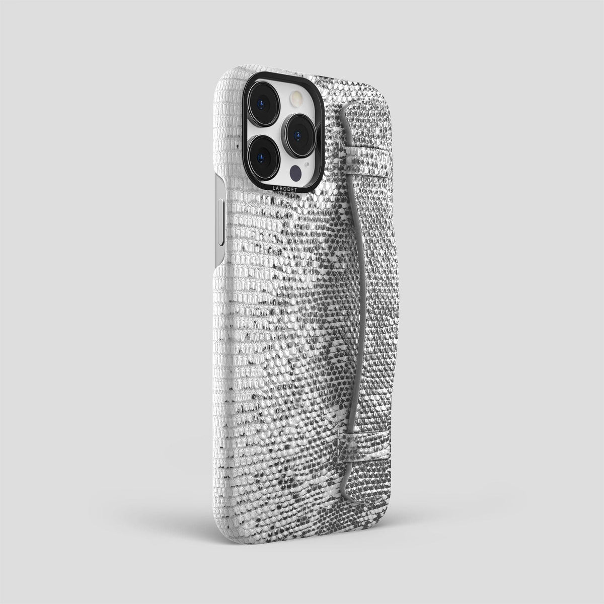 Light iPhone 14 Pro Max Himalayan Lizard Strap Case with Black Metal -2 | Light-Black