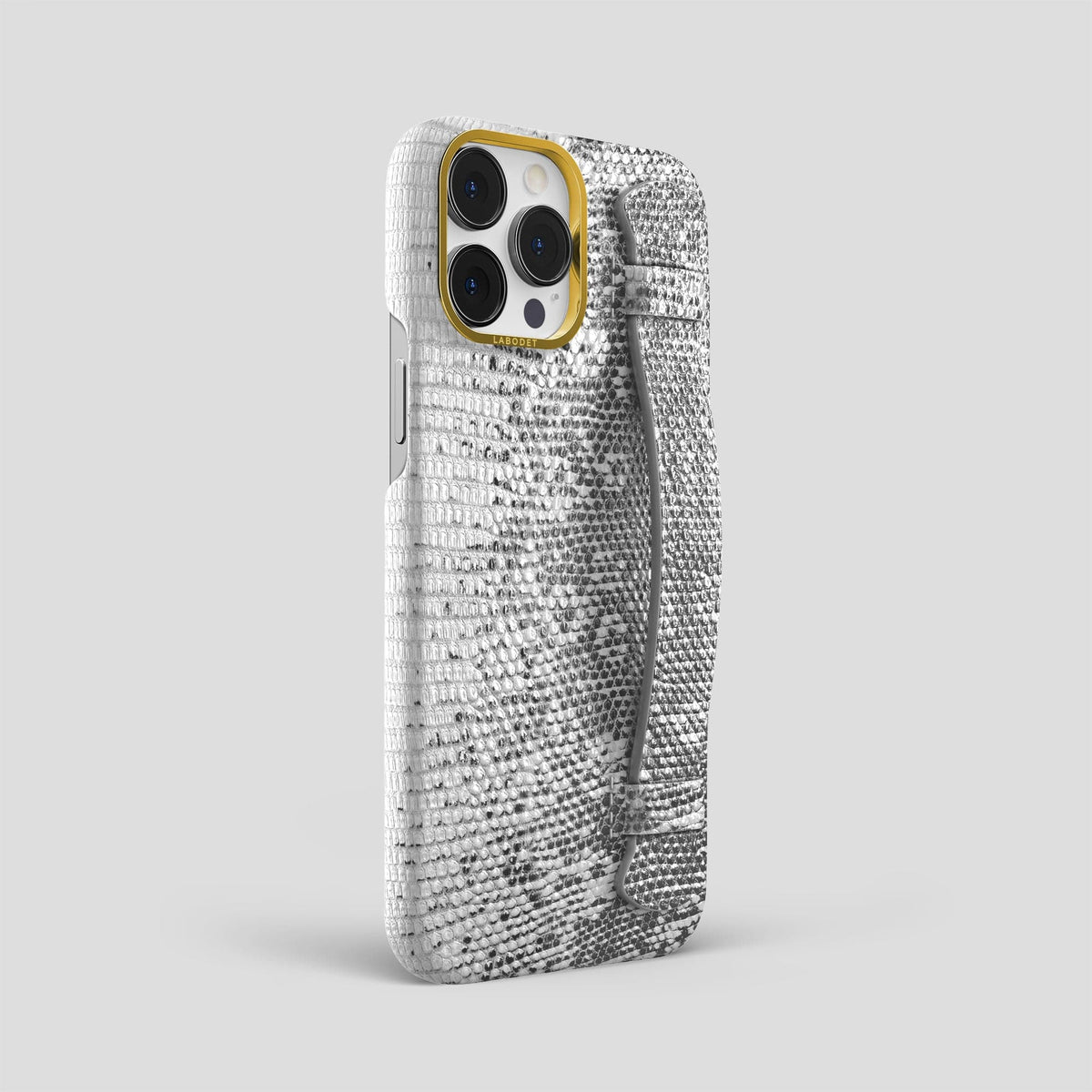 Light iPhone 14 Pro Max Himalayan Lizard Strap Case with Gold Metal -2 | Light-Gold