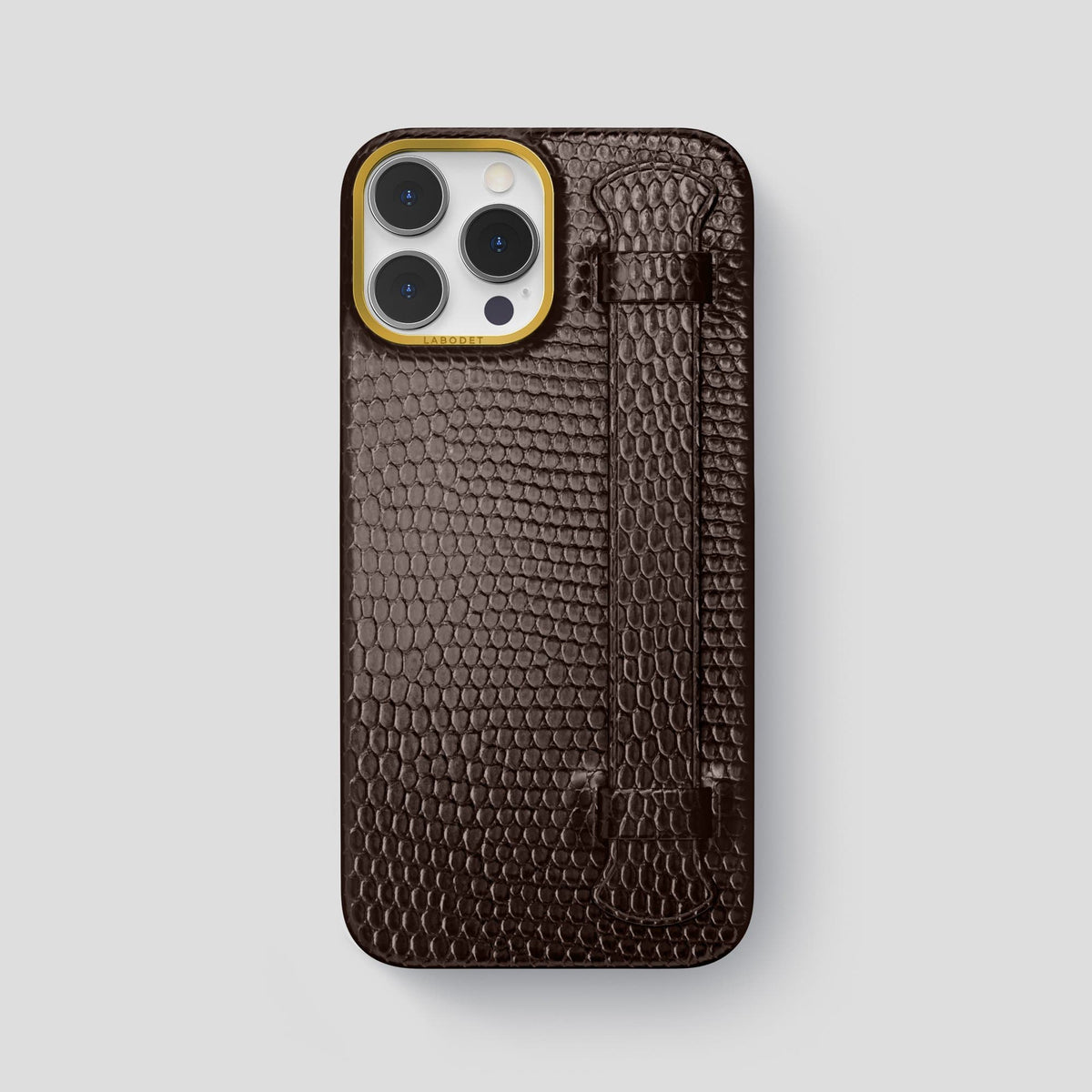 Brown iPhone 14 Pro Max Strap Case with Gold Metal -1 | Brown-Gold