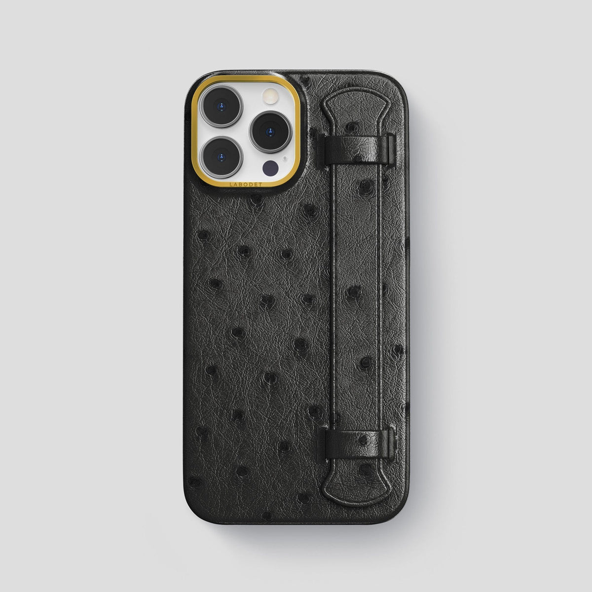 Black iPhone 14 Pro Max Handle Case Ostrich with Gold Metal -1 | Black-Gold