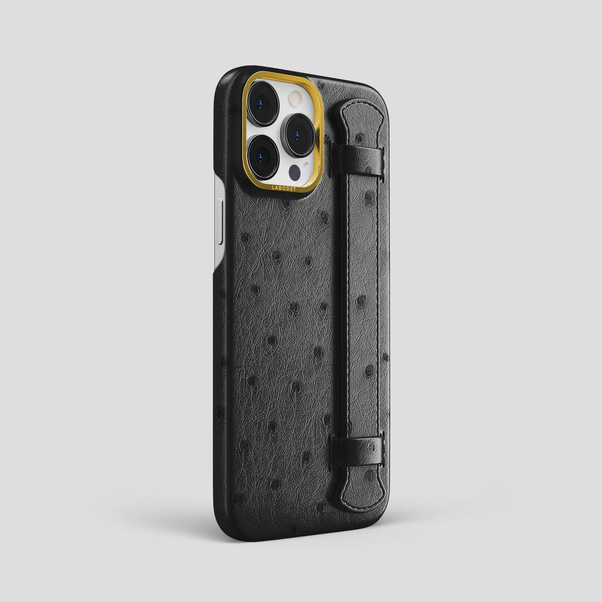 Black iPhone 14 Pro Max Handle Case Ostrich with Gold Metal -2 | Black-Gold