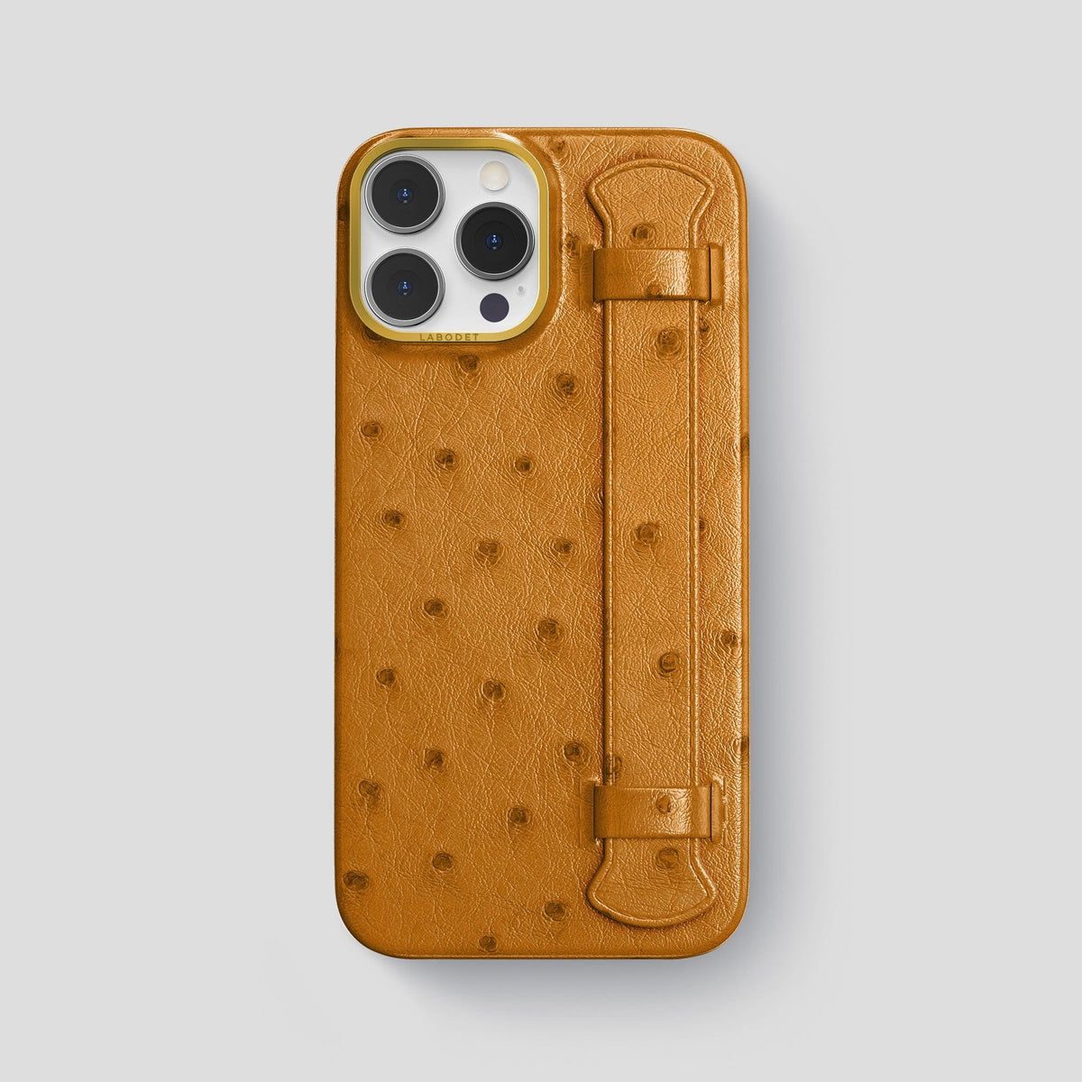 Chestnut iPhone 14 Pro Max Handle Case Ostrich with Gold Metal -1 | Chestnut-Gold