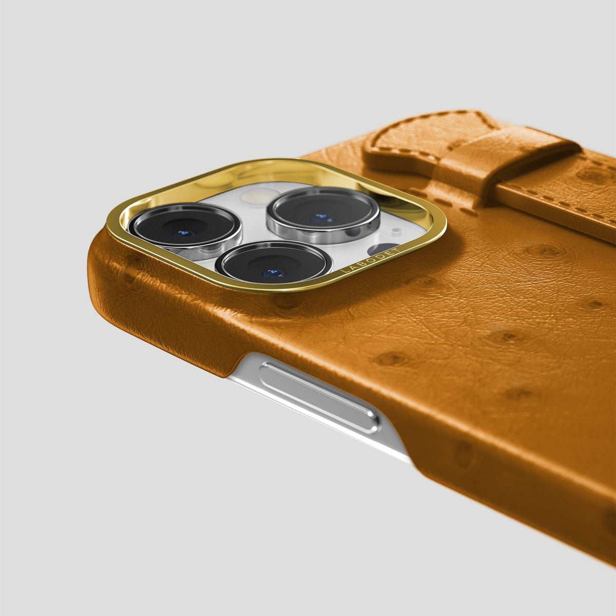 Chestnut iPhone 14 Pro Max Handle Case Ostrich with Gold Metal -6 | Chestnut-Gold
