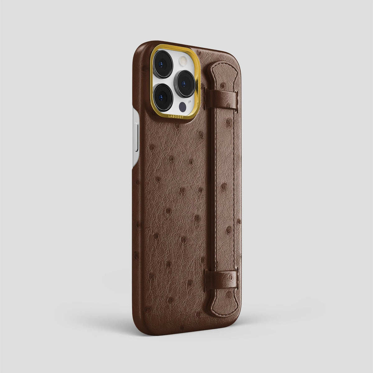Chocolate iPhone 14 Pro Max Handle Case Ostrich with Gold Metal -2 | Chocolate-Gold