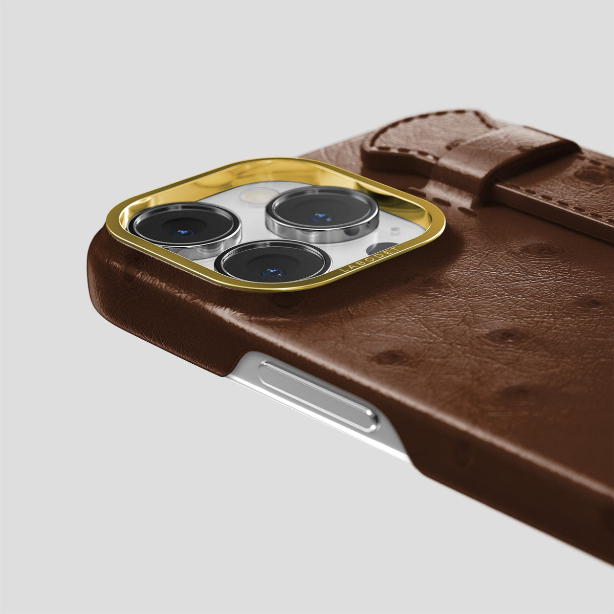 Chocolate iPhone 14 Pro Max Handle Case Ostrich with Gold Metal -6 | Chocolate-Gold