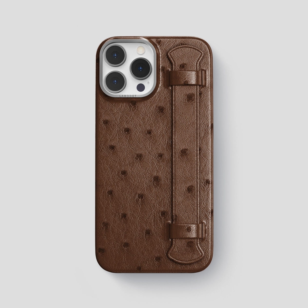 Chocolate iPhone 14 Pro Max Handle Case Ostrich with Steel Metal -1 | Chocolate-Steel