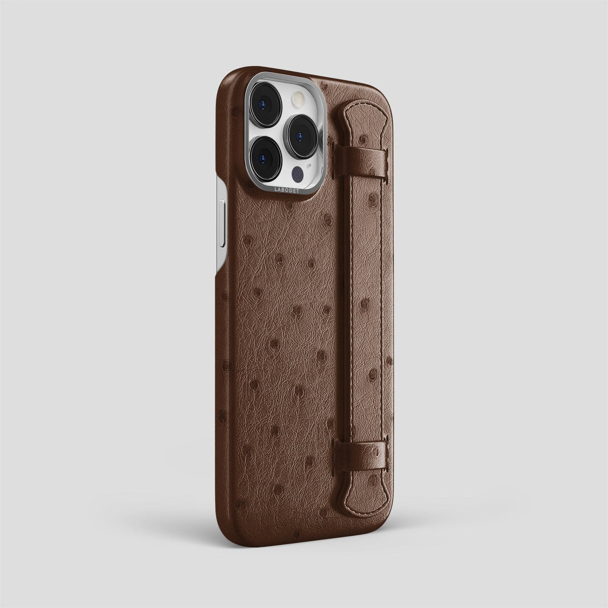 Chocolate iPhone 14 Pro Max Handle Case Ostrich with Steel Metal -2 | Chocolate-Steel