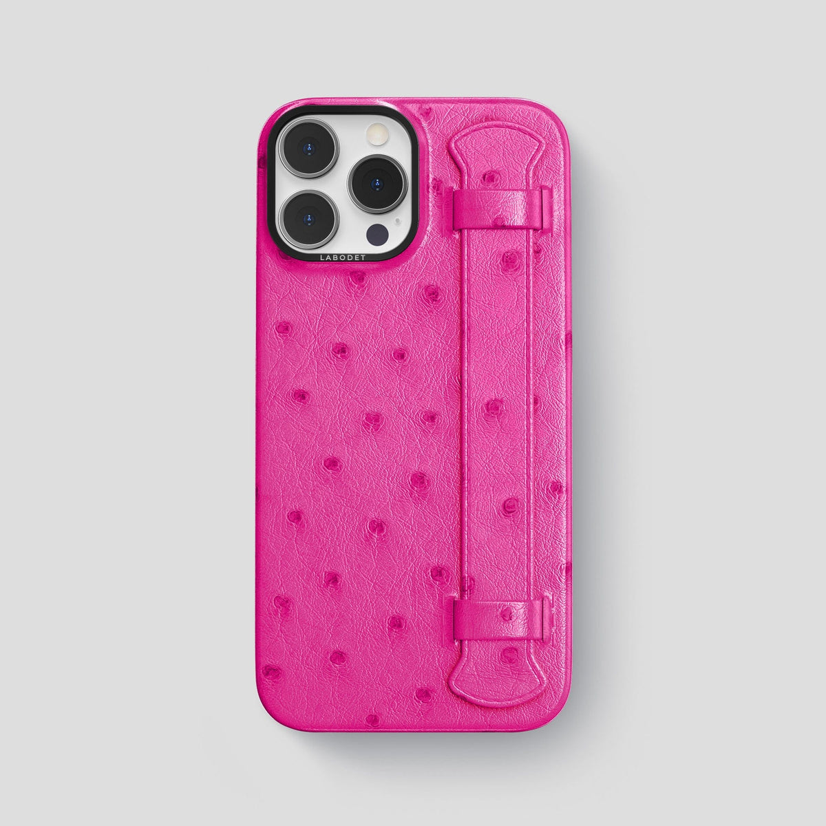 Fuchsia iPhone 14 Pro Max Handle Case Ostrich with Black Metal -1 | Fuchsia-Black