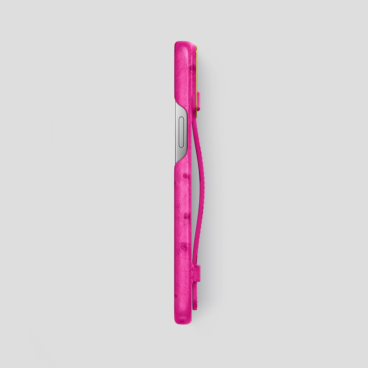 Fuchsia iPhone 14 Pro Max Handle Case Ostrich with Gold Metal -3 | Fuchsia-Gold