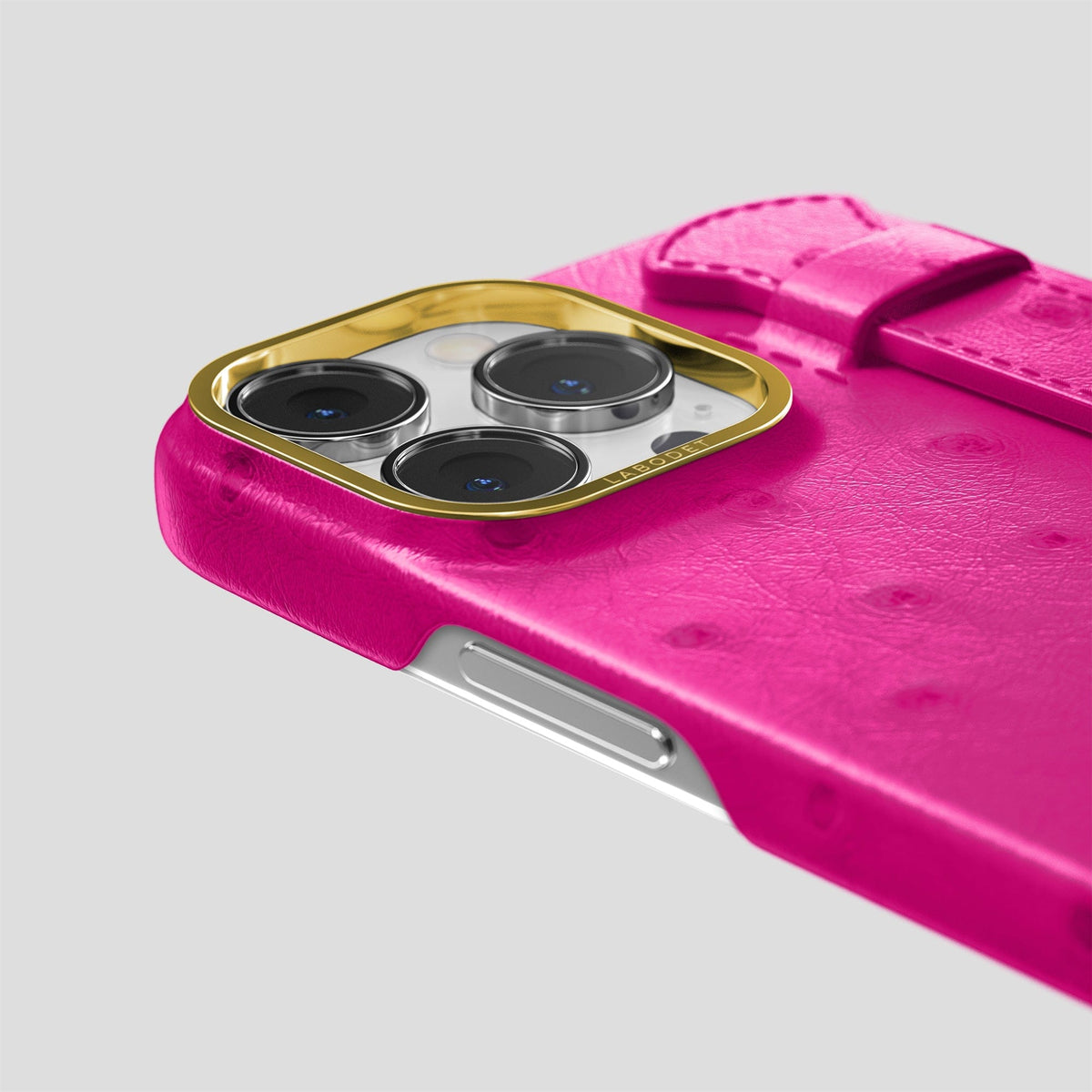 Fuchsia iPhone 14 Pro Max Handle Case Ostrich with Gold Metal -6 | Fuchsia-Gold