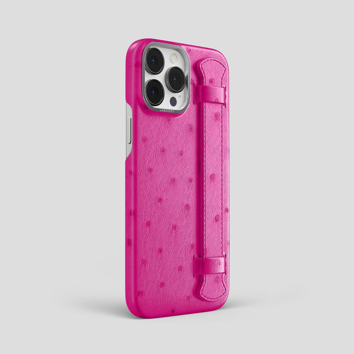 Fuchsia iPhone 14 Pro Max Handle Case Ostrich with Steel Metal -2 | Fuchsia-Steel