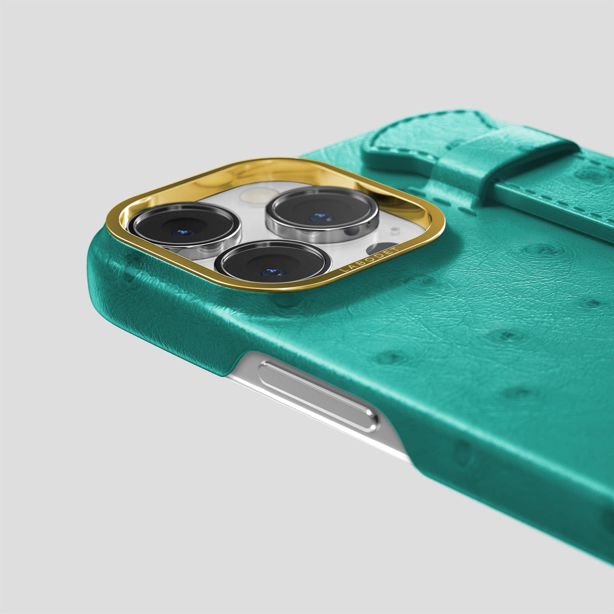 Turquoise iPhone 14 Pro Max Handle Case Ostrich with Gold Metal -6 | Turquoise-Gold