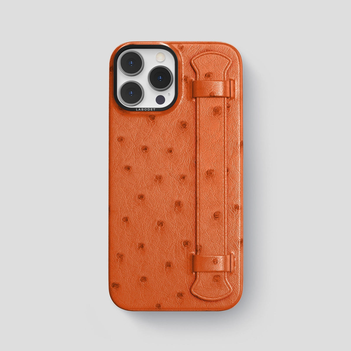 Orange iPhone 14 Pro Max Handle Case Ostrich with Black Metal -1 | Orange-Black