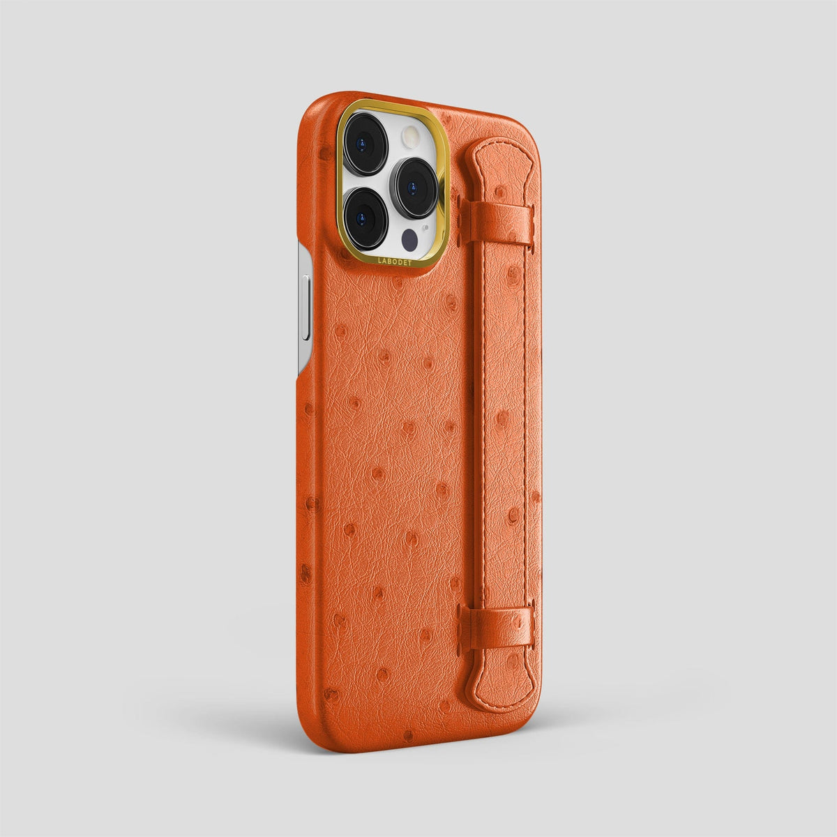 Orange iPhone 14 Pro Max Handle Case Ostrich with Gold Metal -2 | Orange-Gold
