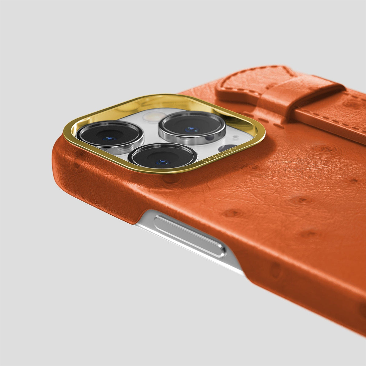 Orange iPhone 14 Pro Max Handle Case Ostrich with Gold Metal -6 | Orange-Gold
