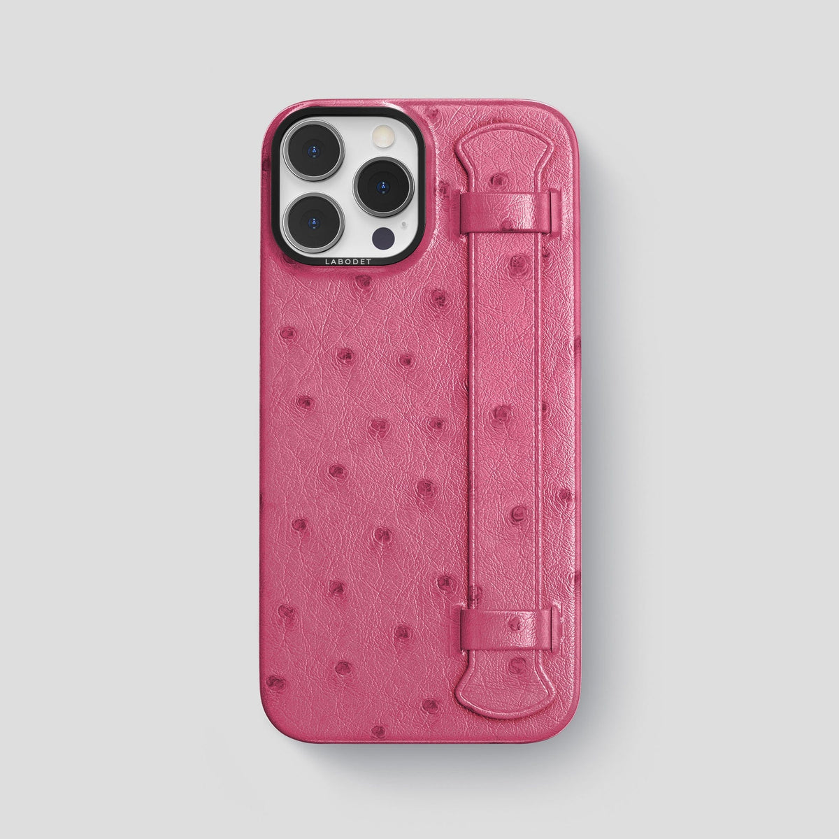 Petal Pink iPhone 14 Pro Max Handle Case Ostrich with Black Metal -1 | Petal-Pink-Black