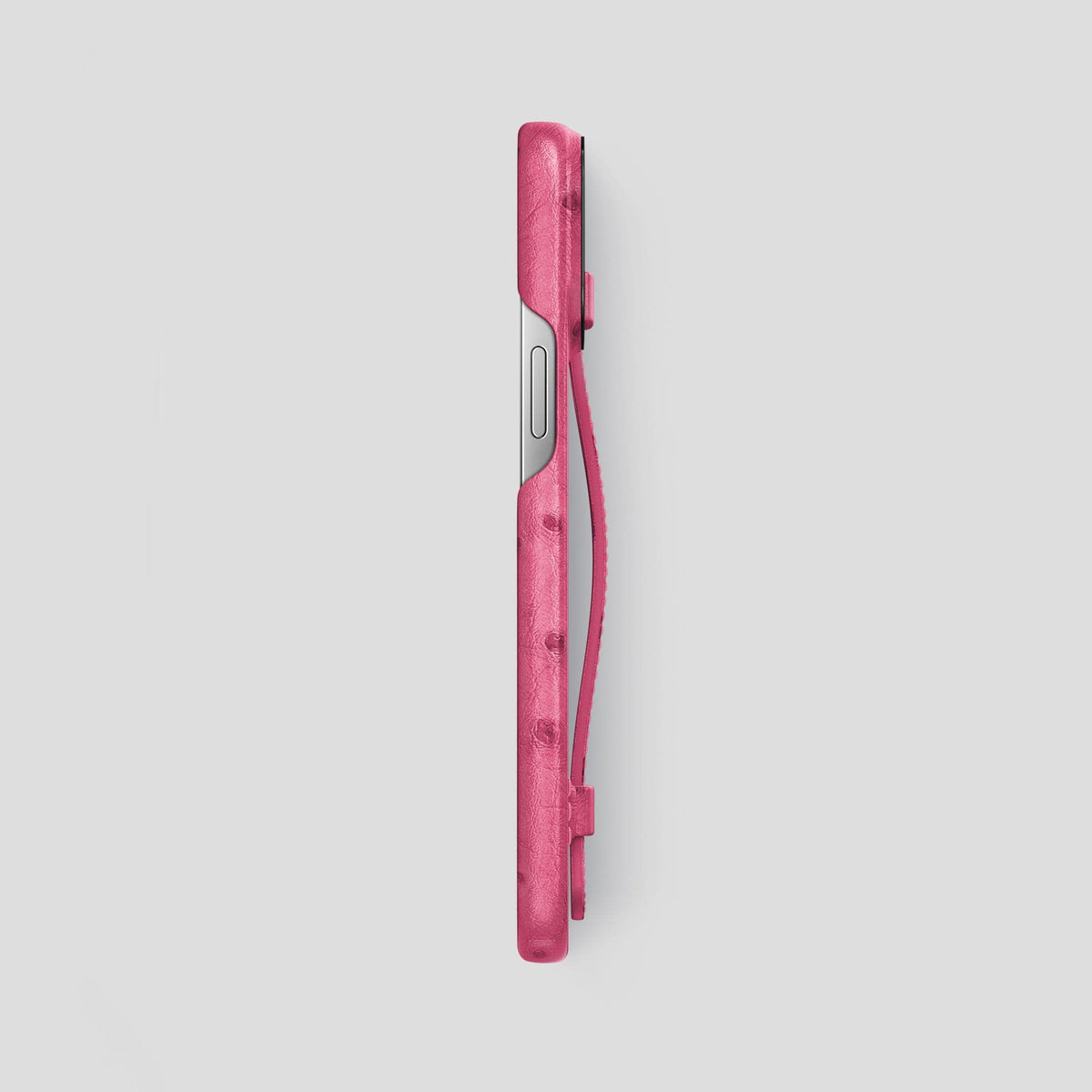 Petal Pink iPhone 14 Pro Max Handle Case Ostrich with Black Metal -3 | Petal-Pink-Black