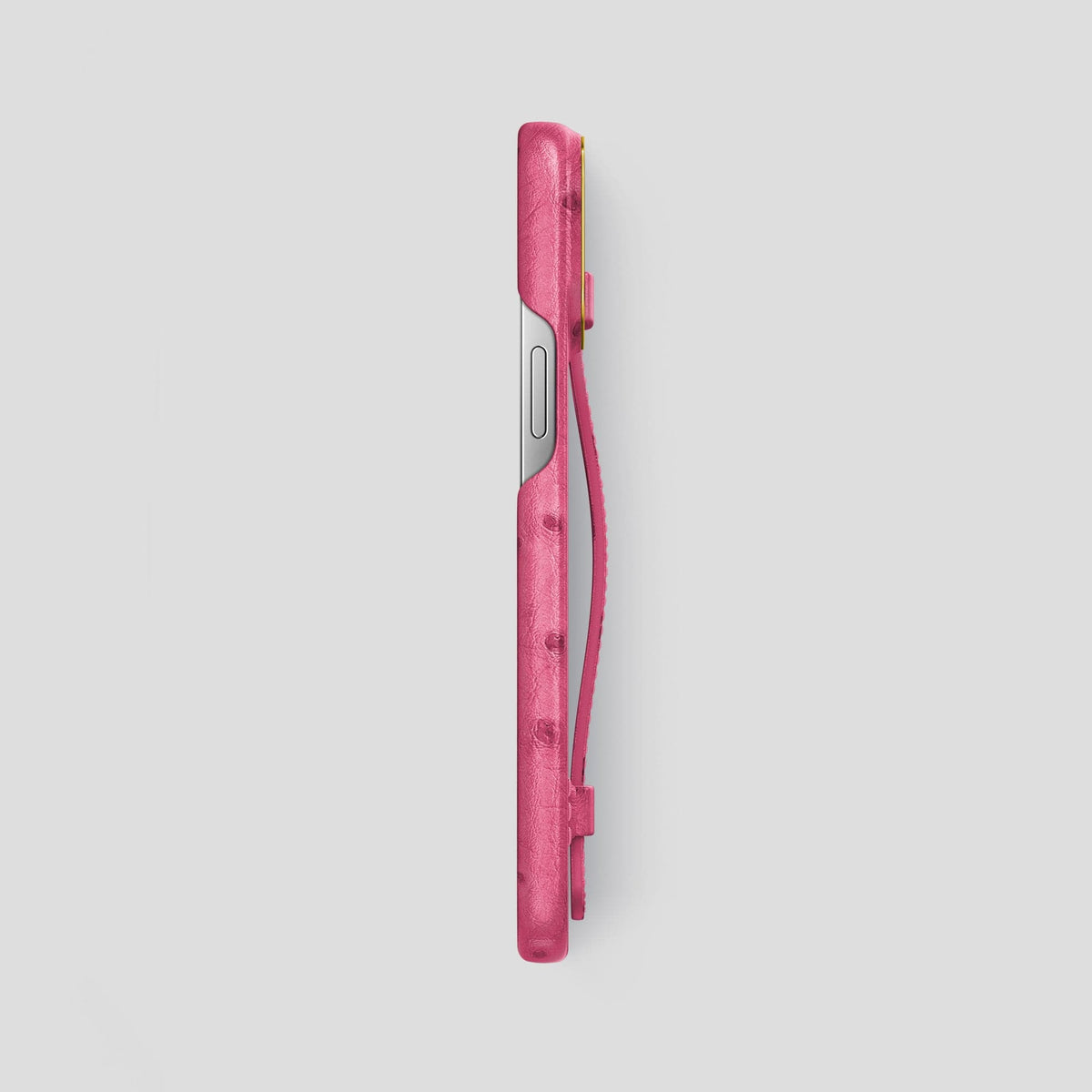 Petal Pink iPhone 14 Pro Max Handle Case Ostrich with Gold Metal -3 | Petal-Pink-Gold