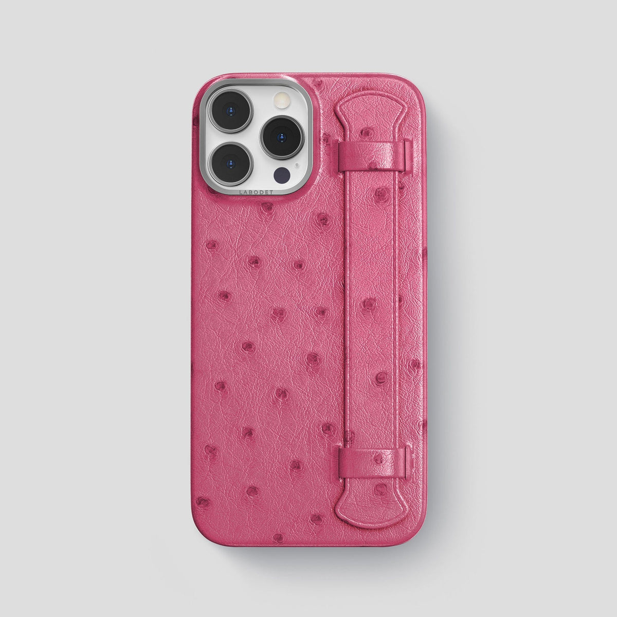 Petal Pink iPhone 14 Pro Max Handle Case Ostrich with Steel Metal -1 | Petal-Pink-Steel