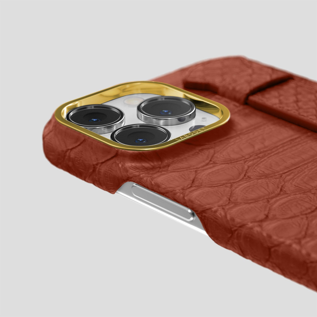 Brown iPhone 14 Pro Max Strap Case Python with Gold Metal -6 | Brown-Gold