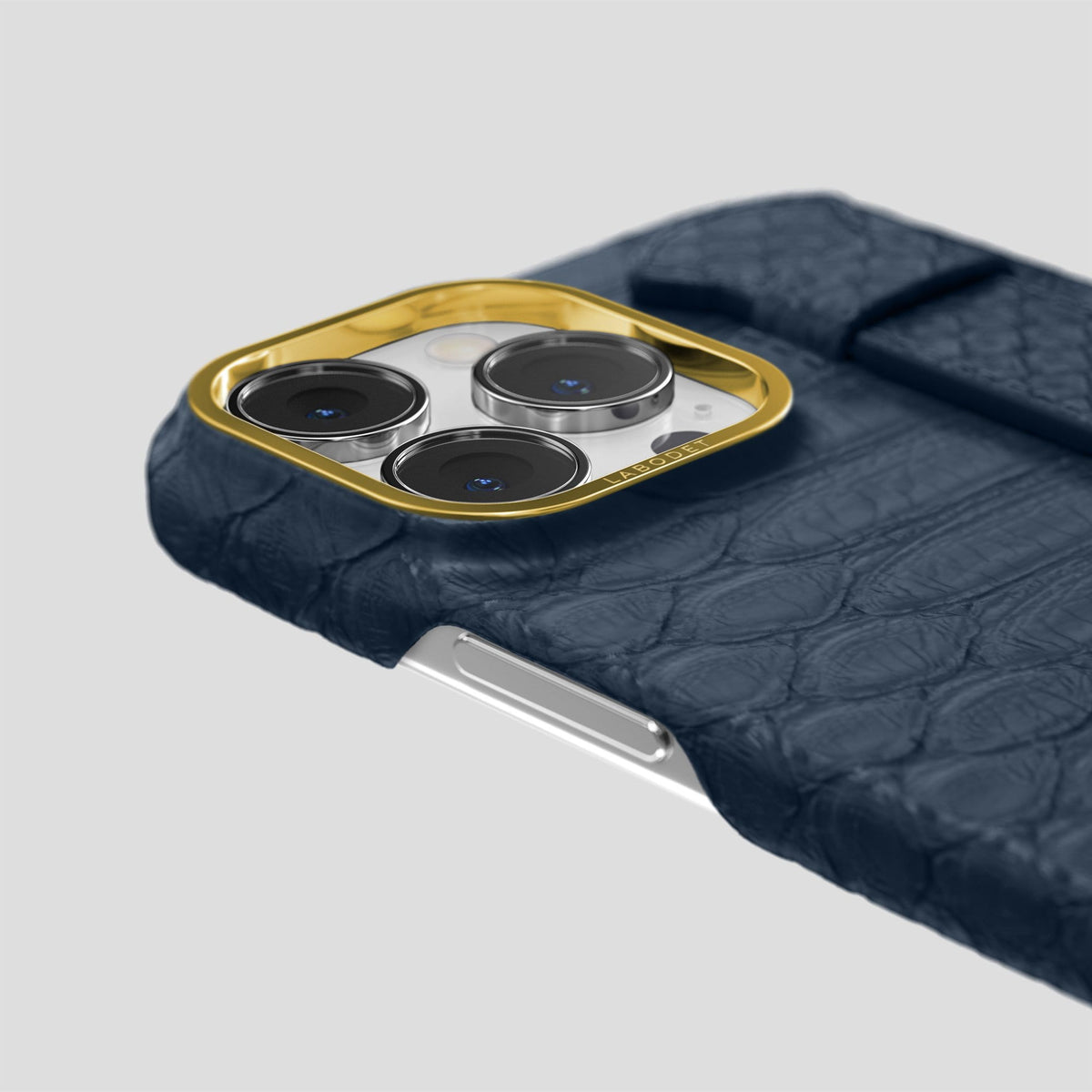 Navy Blue iPhone 14 Pro Max Strap Case Python with Gold Metal -7 | Navy-Blue-Gold