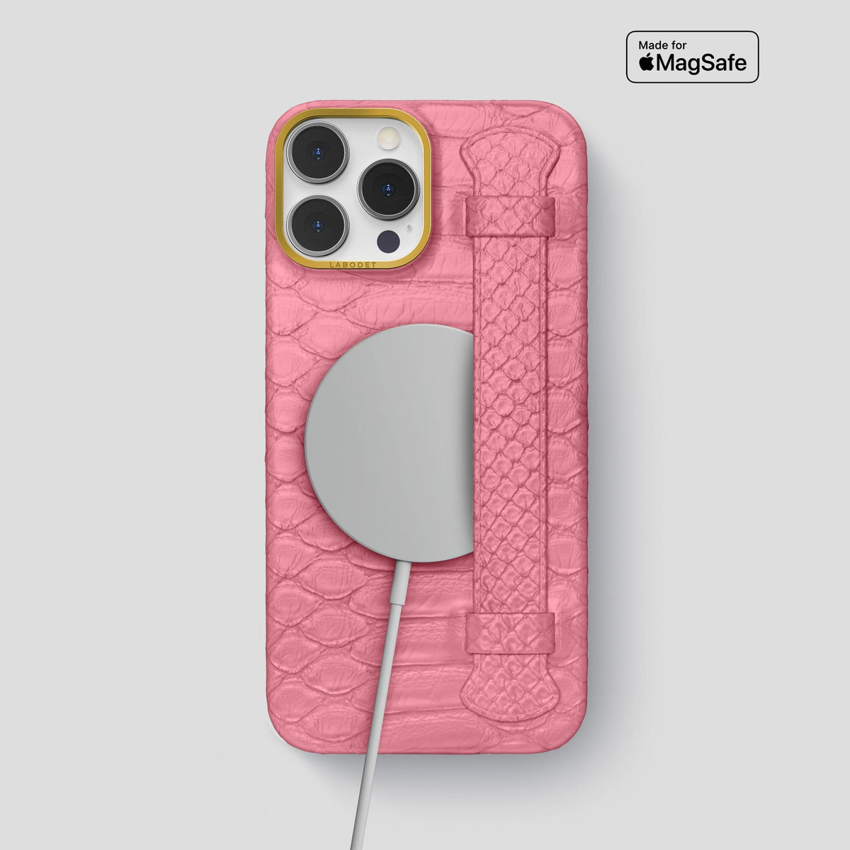 Pink iPhone 14 Pro Max Strap Case Python with Gold Metal -5 | Pink-Gold