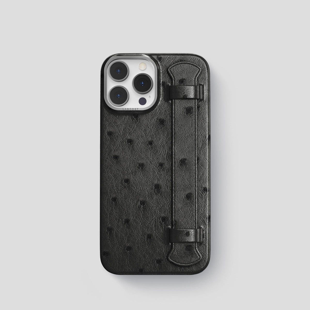 Black iPhone 14 Pro Handle Case Ostrich with Steel Metal -1 | Black-Steel