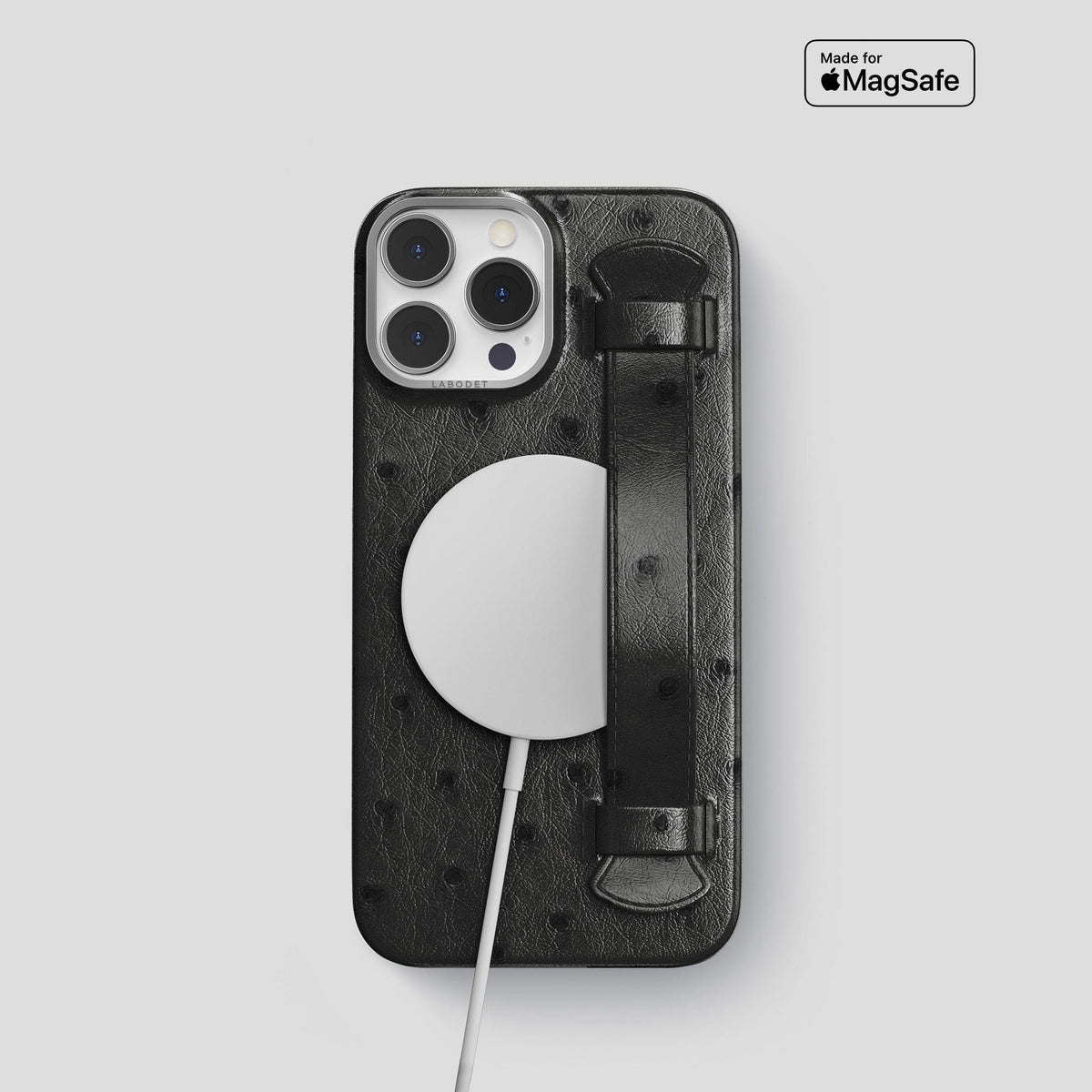 Black iPhone 14 Pro Max Handle Case Ostrich with Steel Metal -5 | Black-Steel