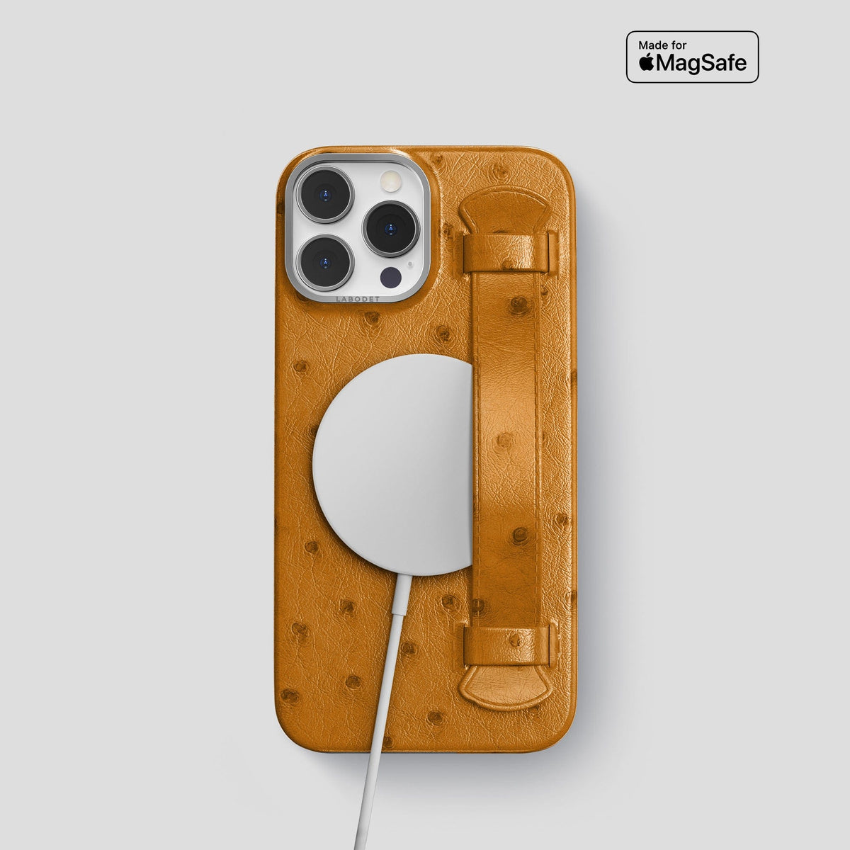 Chestnut iPhone 14 Pro Handle Case Ostrich with Steel Metal -5 | Chestnut-Steel
