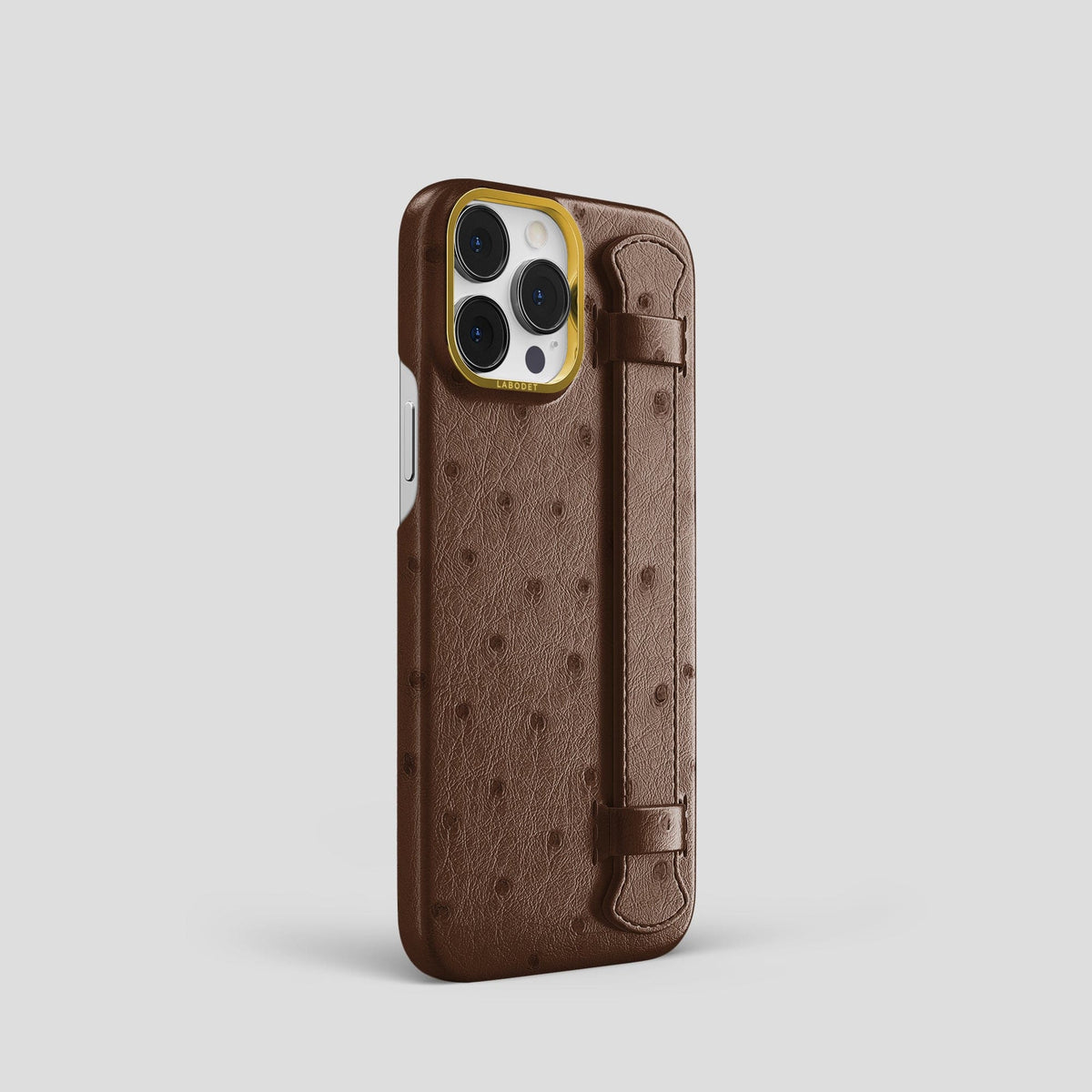 Chocolate iPhone 14 Pro Handle Case Ostrich with Gold Metal -2 | Chocolate-Gold
