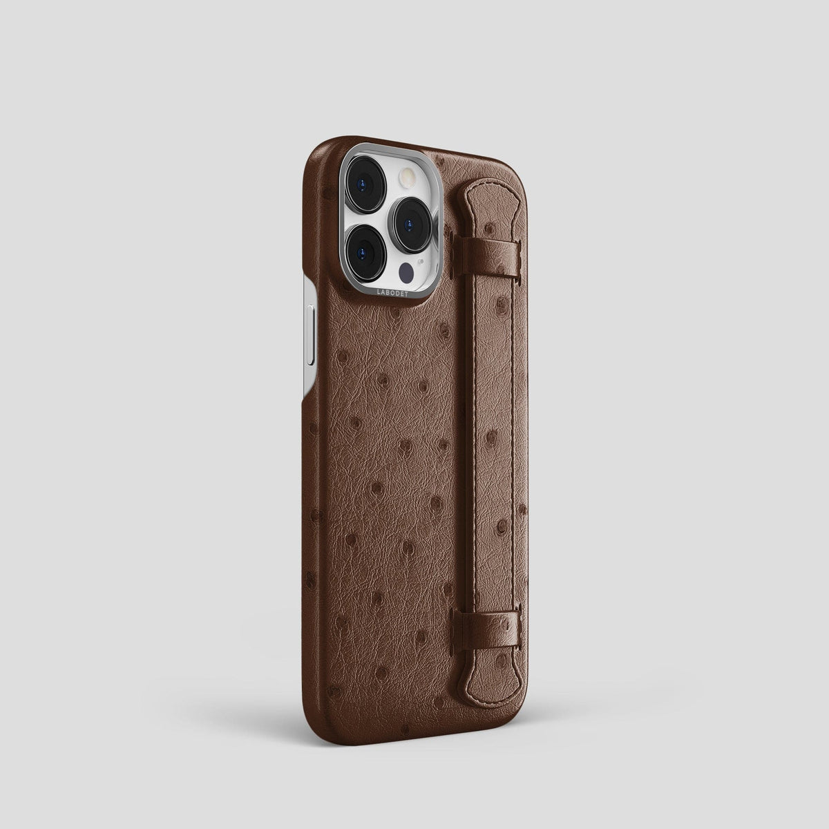 Chocolate iPhone 14 Pro Handle Case Ostrich with Steel Metal -2 | Chocolate-Steel