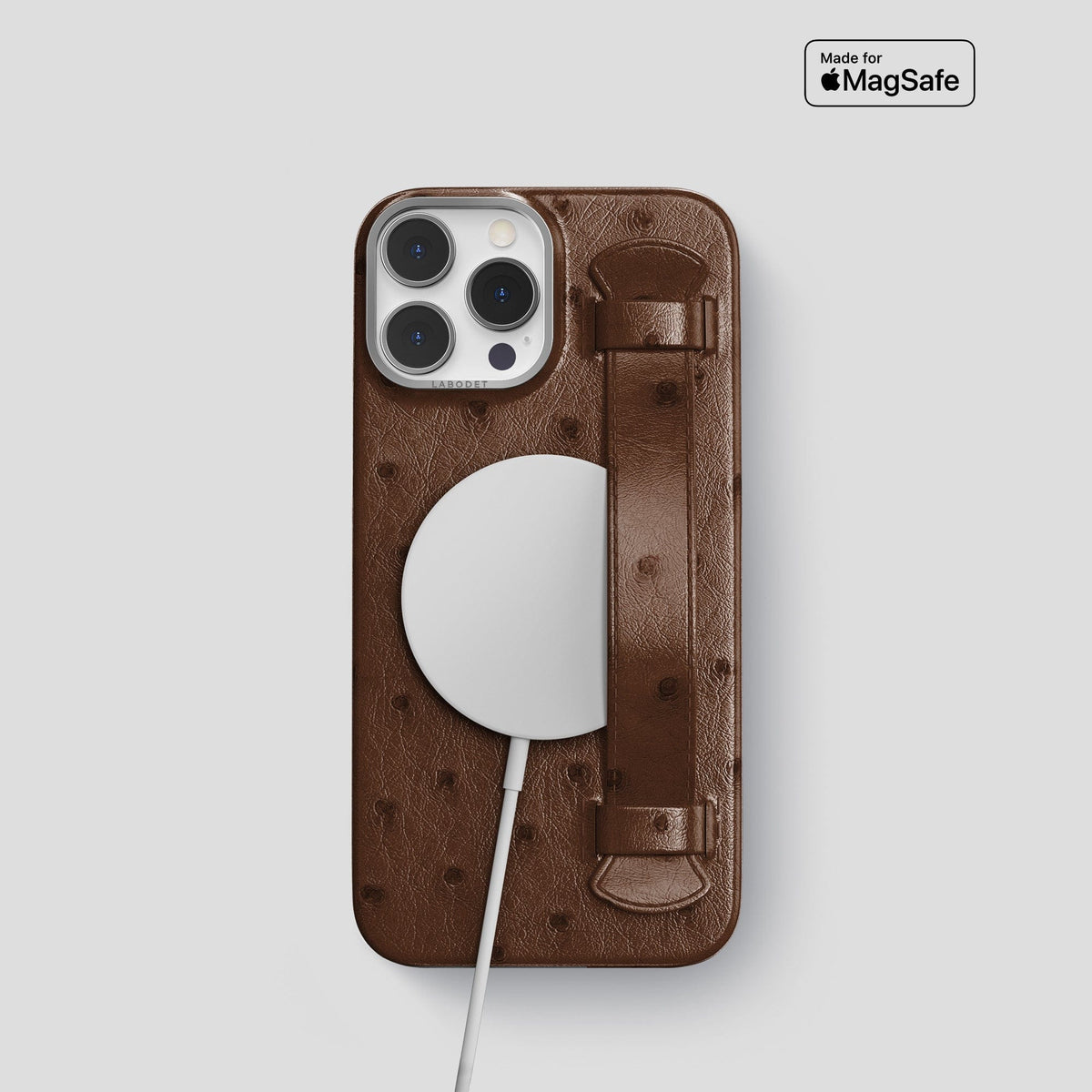 Chocolate iPhone 14 Pro Handle Case Ostrich with Steel Metal -5 | Chocolate-Steel
