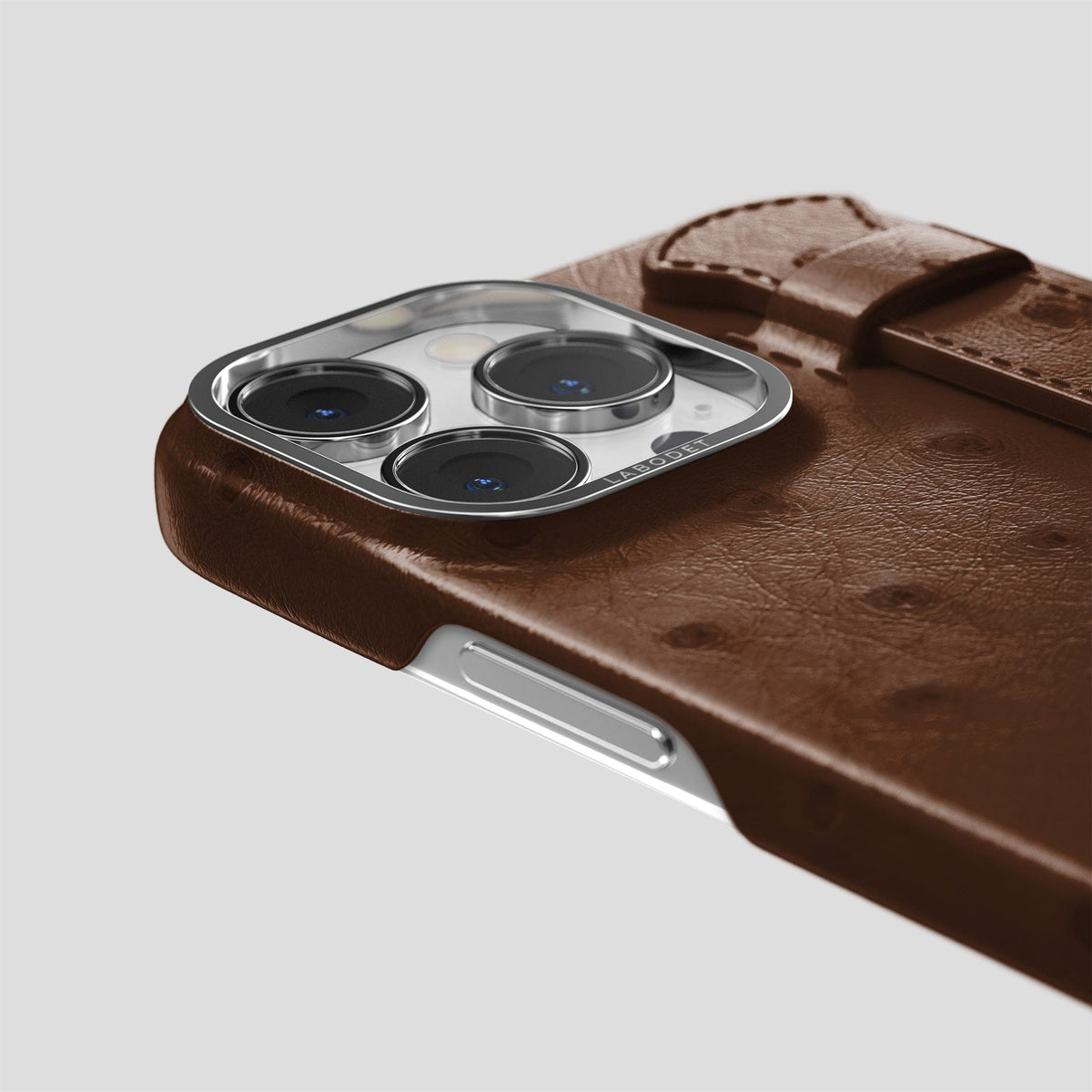 Chocolate iPhone 14 Pro Handle Case Ostrich with Steel Metal -6 | Chocolate-Steel