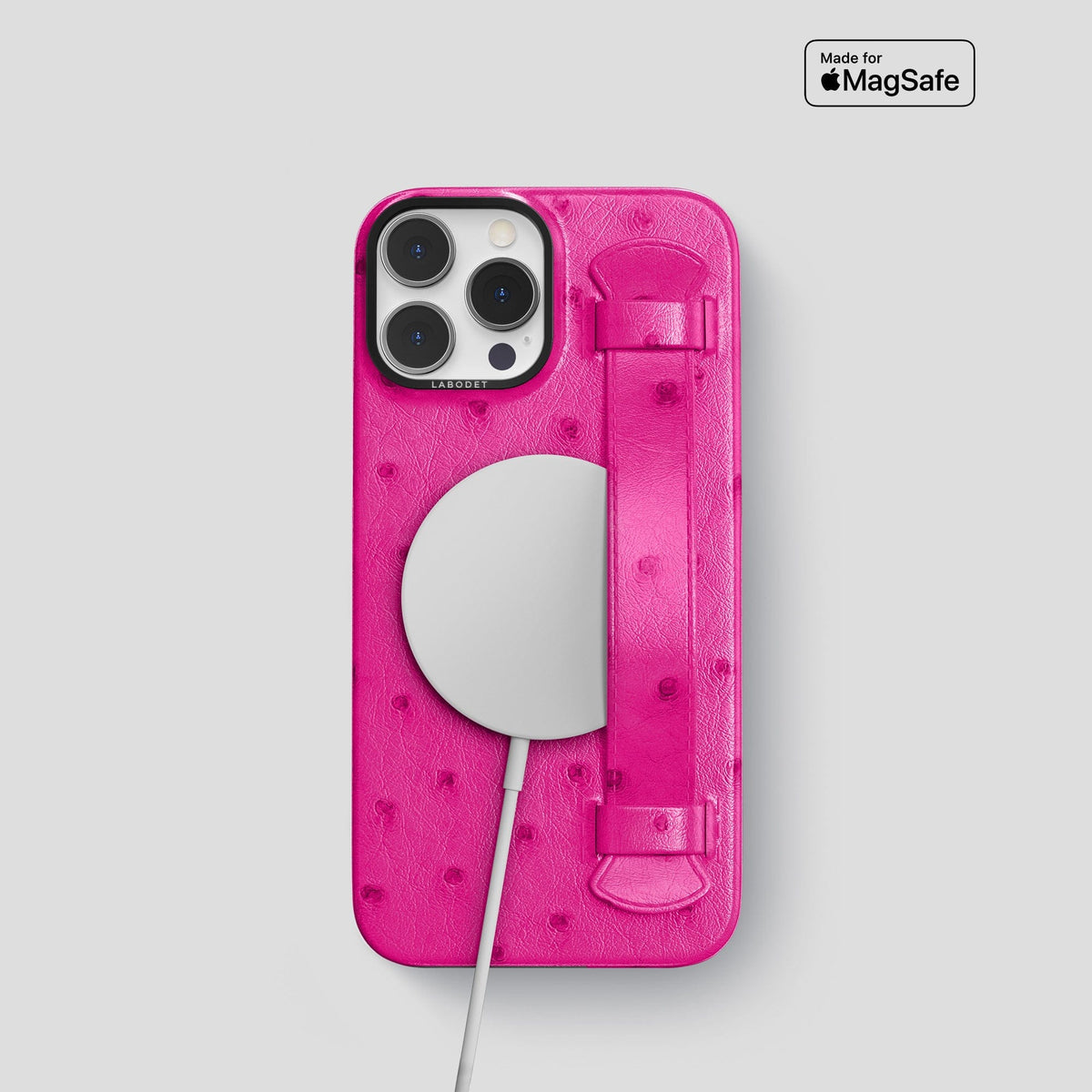 Fuchsia iPhone 14 Pro Handle Case Ostrich with Black Metal -5 | Fuchsia-Black
