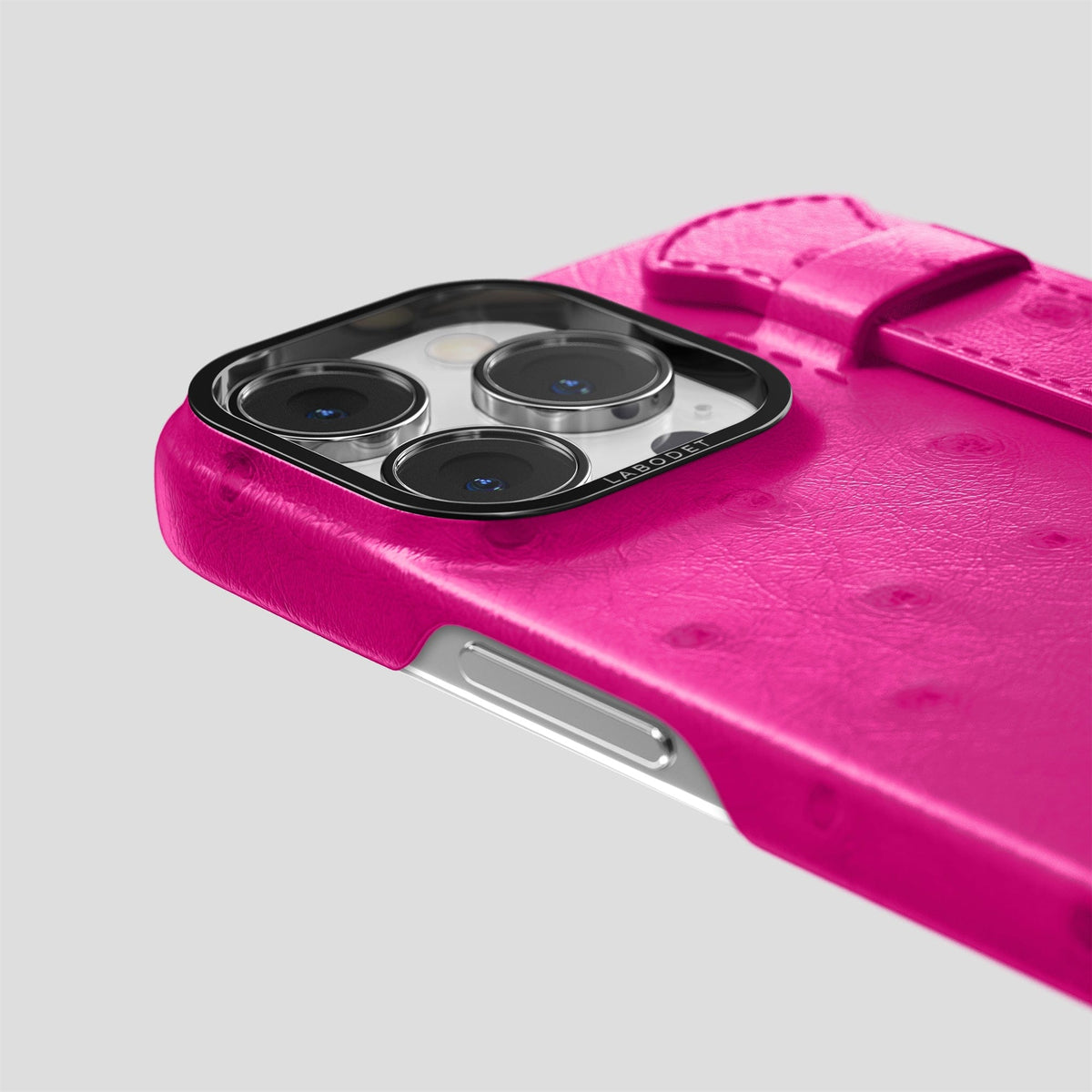 Fuchsia iPhone 14 Pro Handle Case Ostrich with Black Metal -6 | Fuchsia-Black