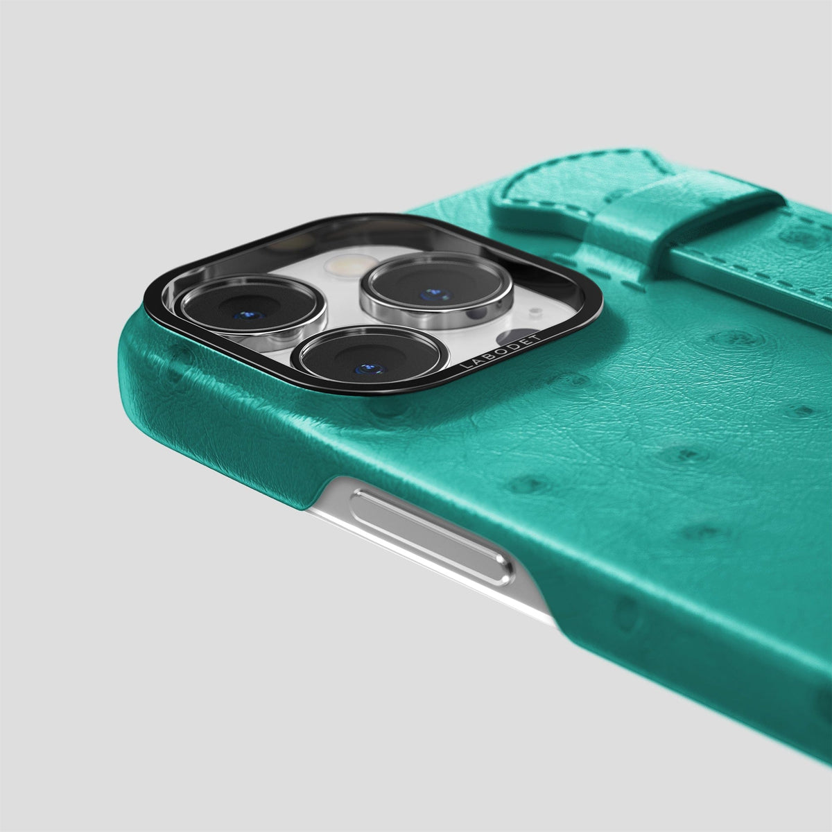 Turquoise iPhone 14 Pro Handle Case Ostrich with Black Metal -6 | Turquoise-Black