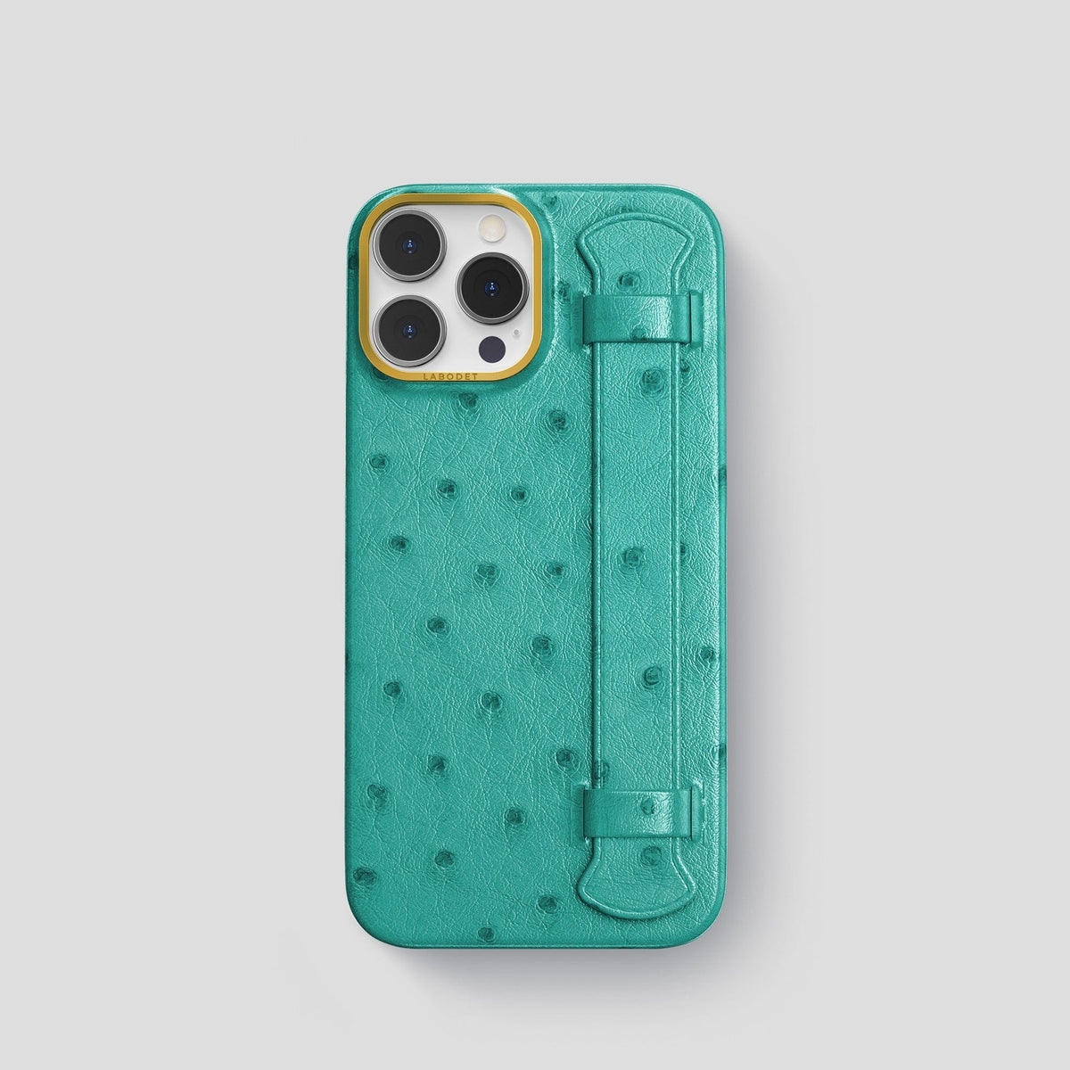Turquoise iPhone 14 Pro Handle Case Ostrich with Gold Metal -1 | Turquoise-Gold