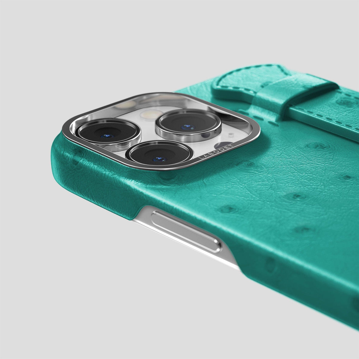 Turquoise iPhone 14 Pro Handle Case Ostrich with Steel Metal -6 | Turquoise-Steel