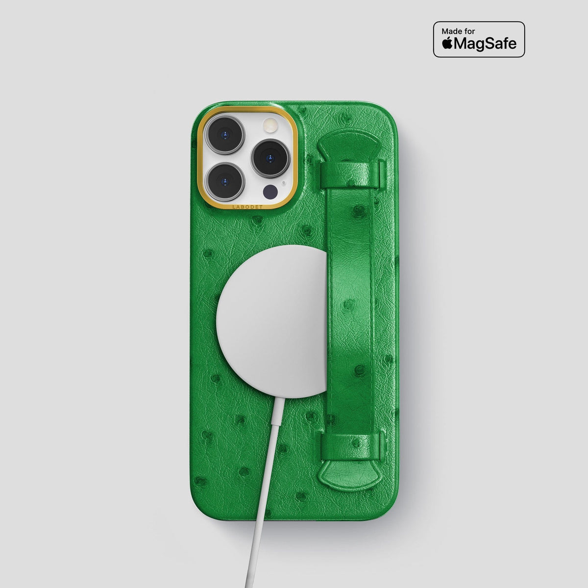 Kentucky Green iPhone 14 Pro Handle Case Ostrich with Gold Metal -5 | Kentucky-Green-Gold