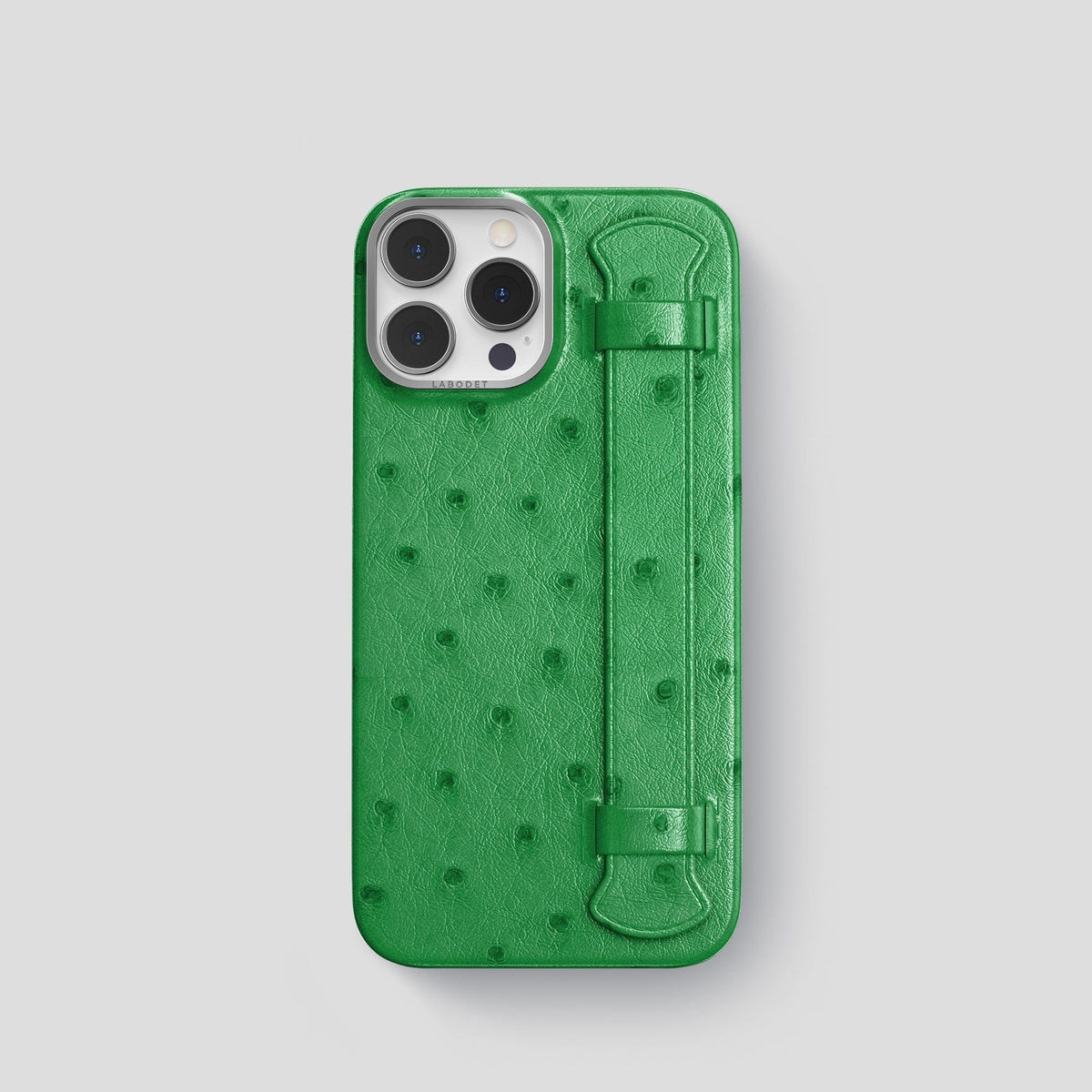 Kentucky Green iPhone 14 Pro Handle Case Ostrich with Steel Metal -1 | Kentucky-Green-Steel