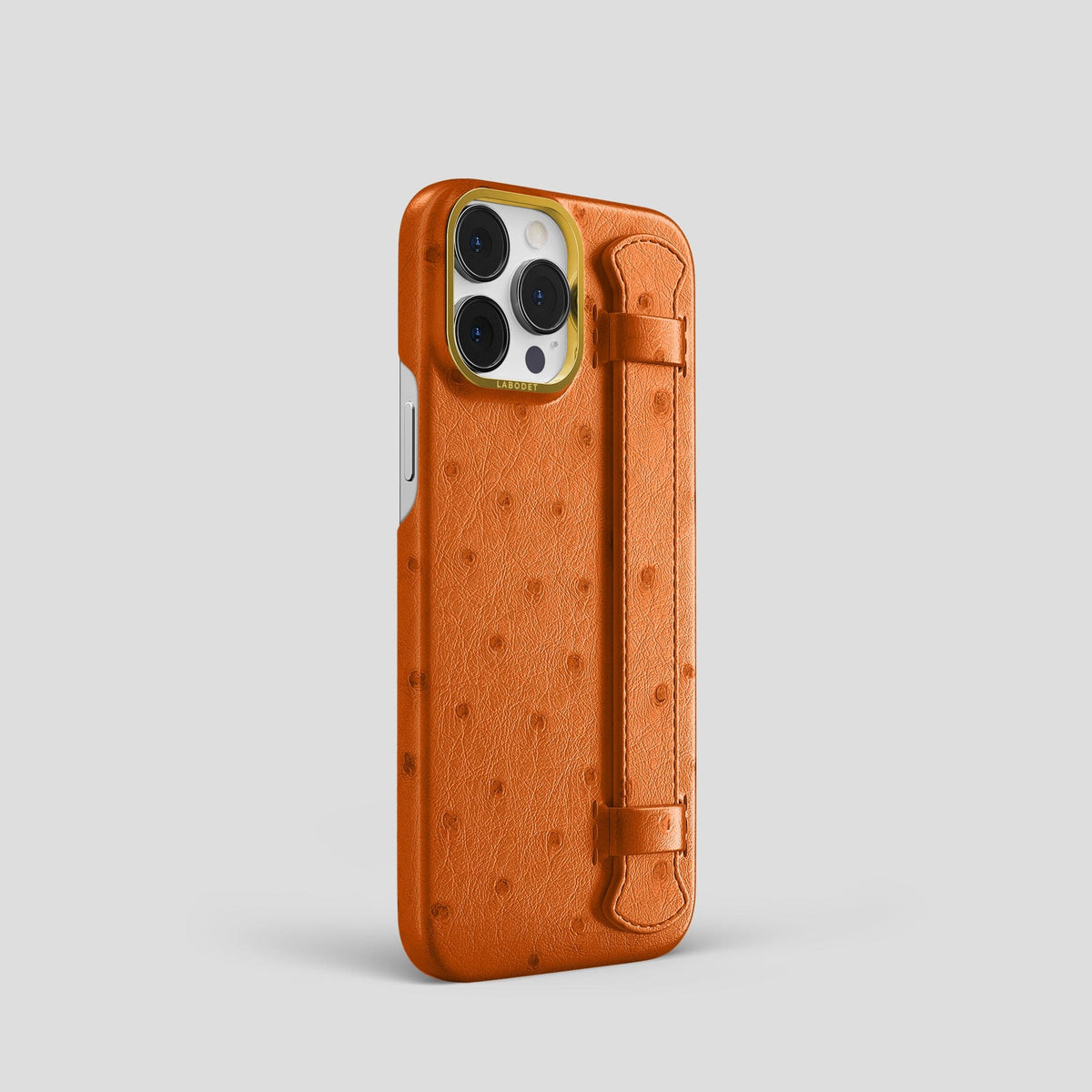 Medium-Brown iPhone 14 Pro Handle Case Ostrich with Gold Metal -2 | Medium-Brown-Gold