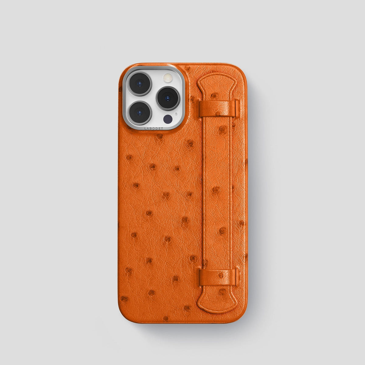 Medium-Brown iPhone 14 Pro Handle Case Ostrich with Steel Metal -1 | Medium-Brown-Steel