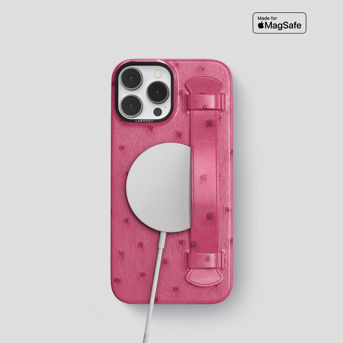 Petal Pink iPhone 14 Pro Max Handle Case Ostrich with Black Metal -5 | Petal-Pink-Black