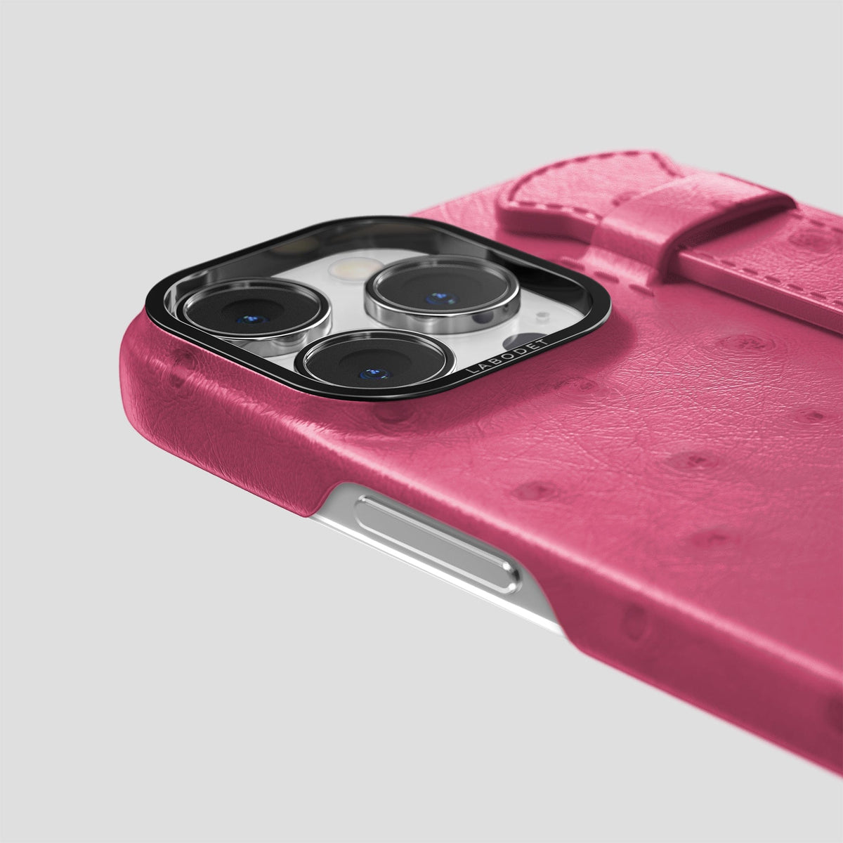 Petal Pink iPhone 14 Pro Handle Case Ostrich with Black Metal -6 | Petal-Pink-Black