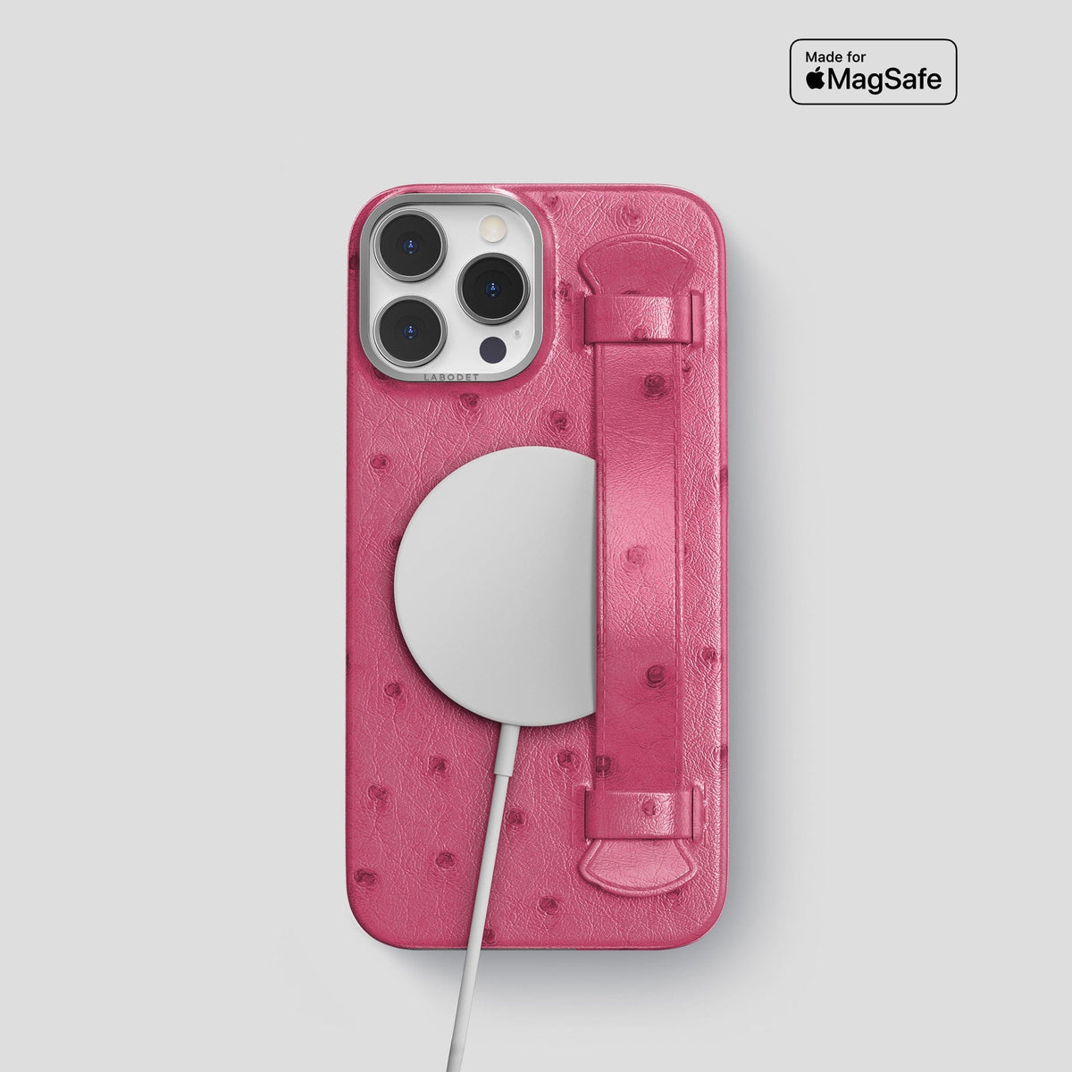 Petal Pink iPhone 14 Pro Max Handle Case Ostrich with Steel Metal -5 | Petal-Pink-Steel