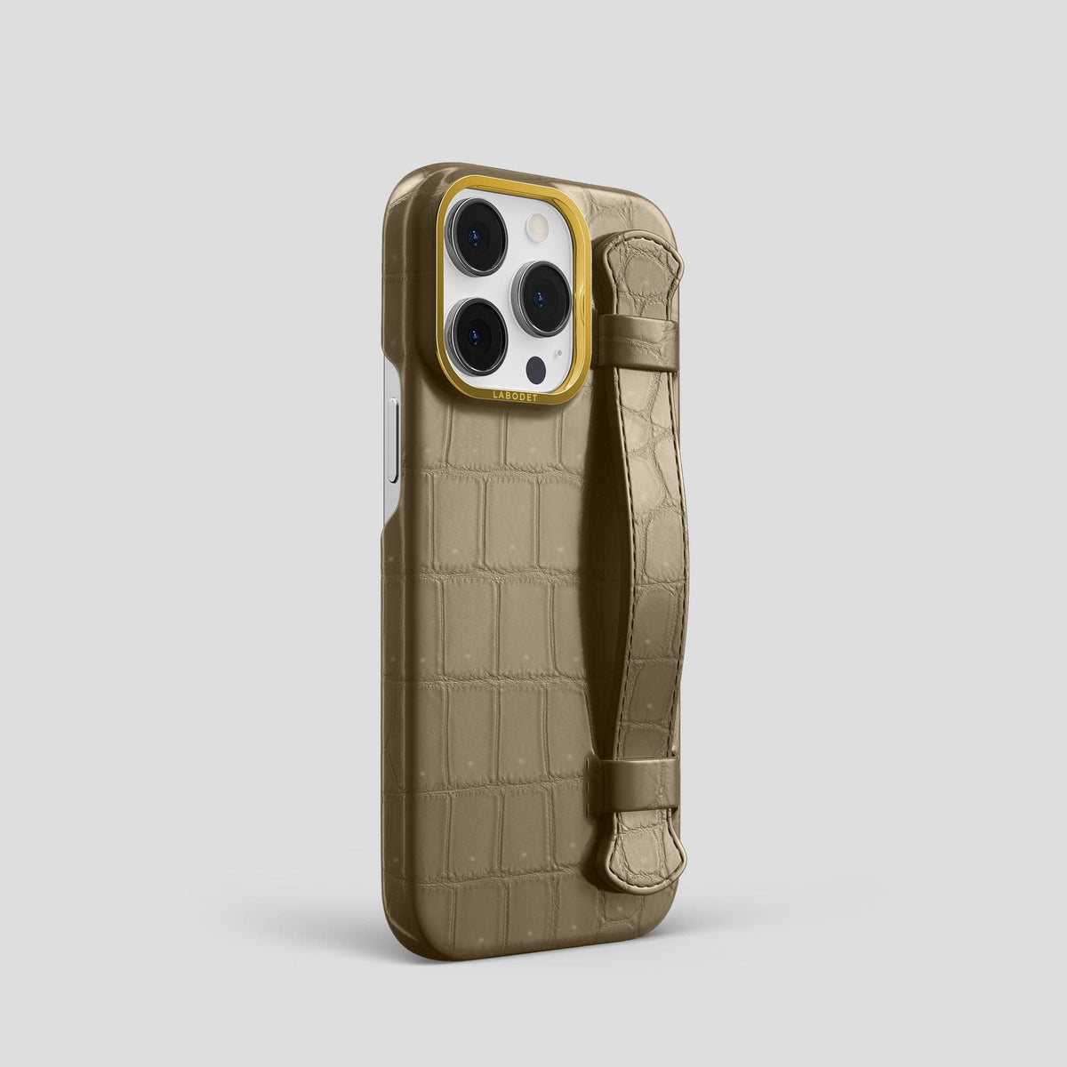 Kaki Green iPhone 14 Pro Strap Case with Gold Metal -2 | Kaki-Green-Gold