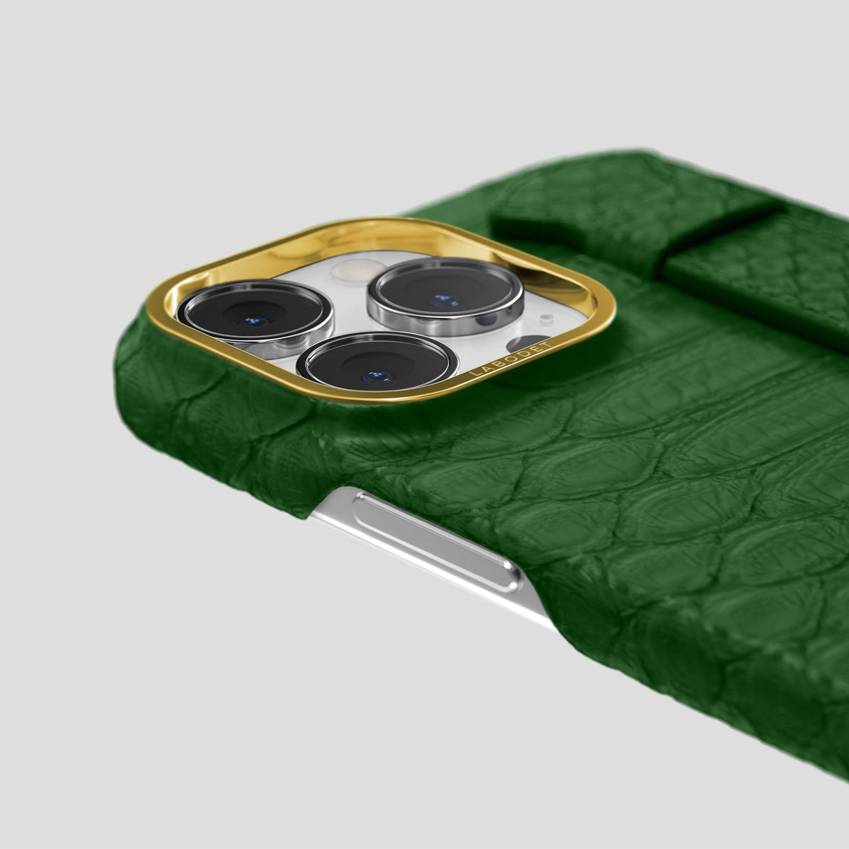 Green iPhone 14 Pro Strap Case Python with Gold Metal -7 | Green-Gold