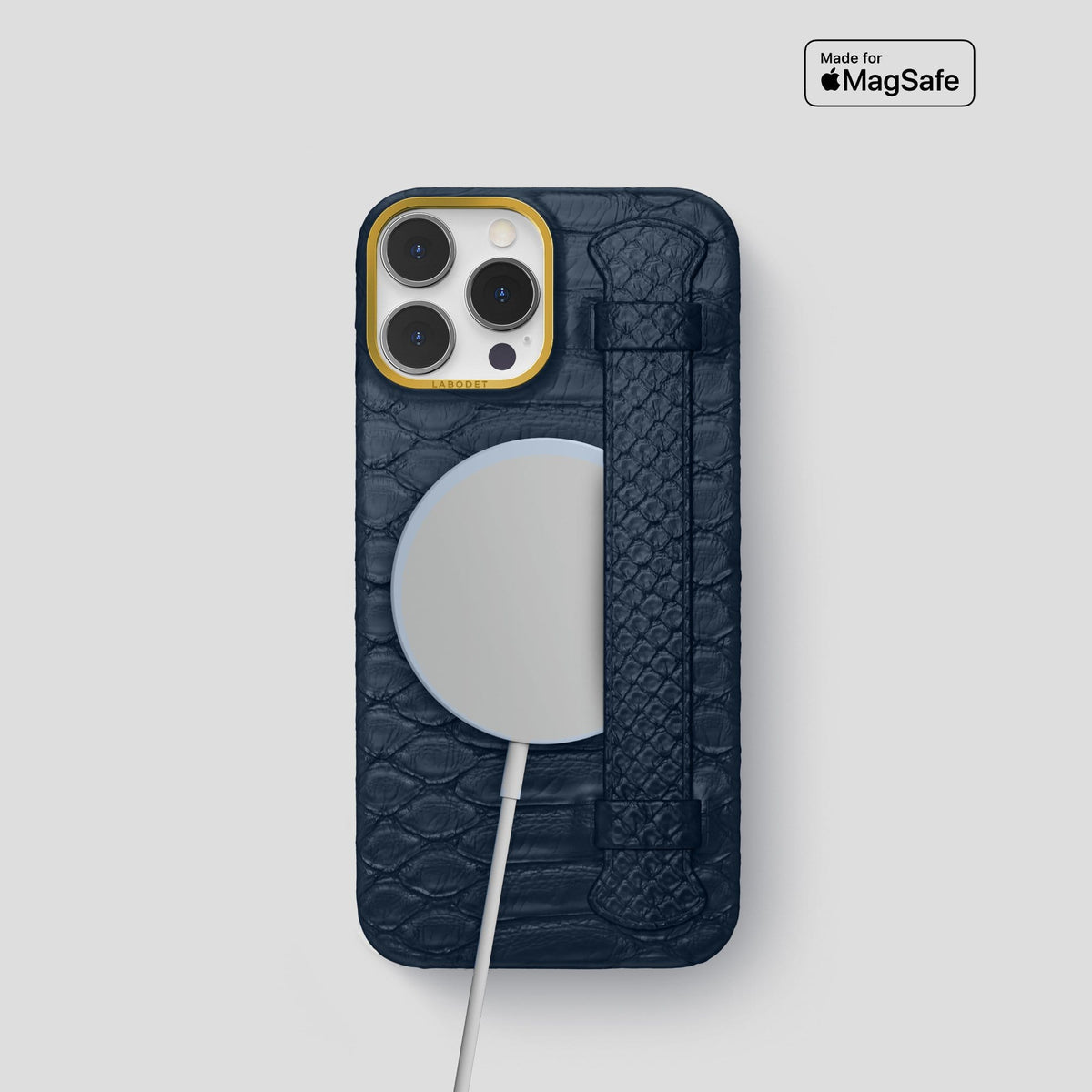 Navy Blue iPhone 14 Pro Strap Case Python with Gold Metal -5 | Navy-Blue-Gold