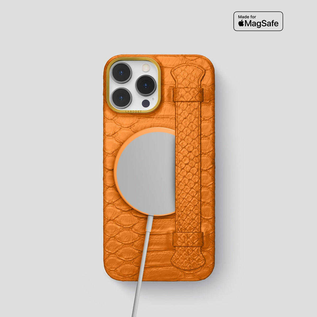 Orange iPhone 14 Pro Strap Case Python with Gold Metal -5 | Orange-Gold